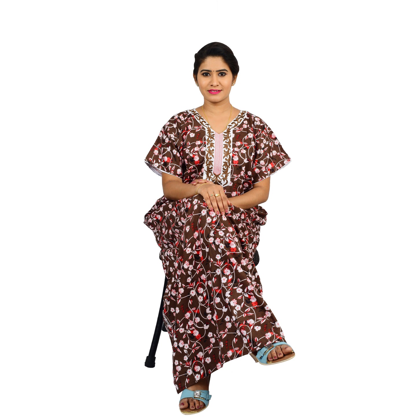Printed Cotton Nighty For Women - Brown