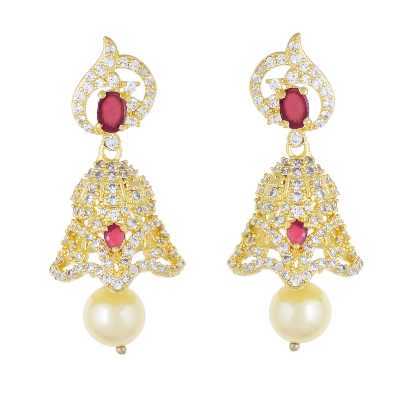 Traditional Gold Plated CZ Copper Jhumki with Pearl Hanging for Ladies and Girls