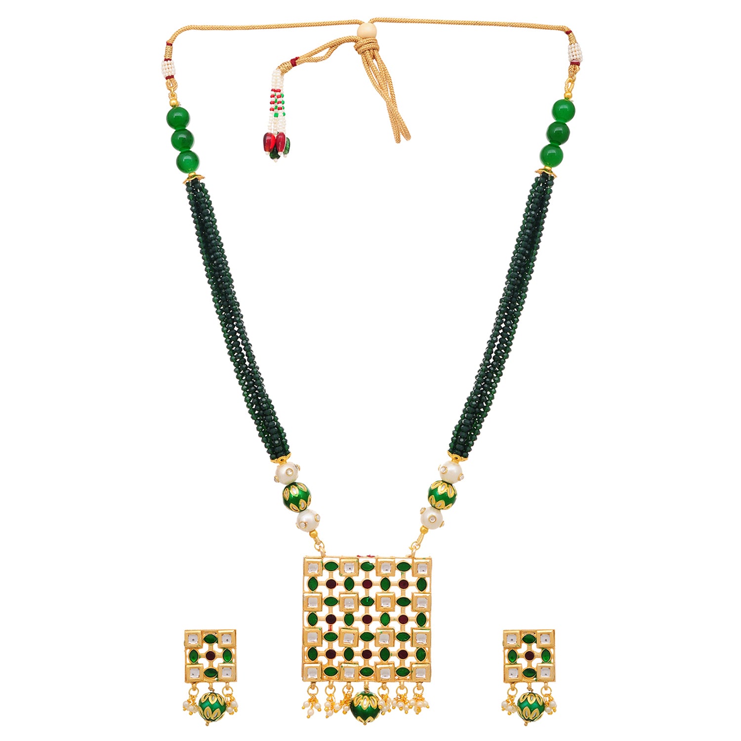 Gold Plated Enameled Kundan Meenakari Beaded Necklace with Earrings Set for Women (Green)