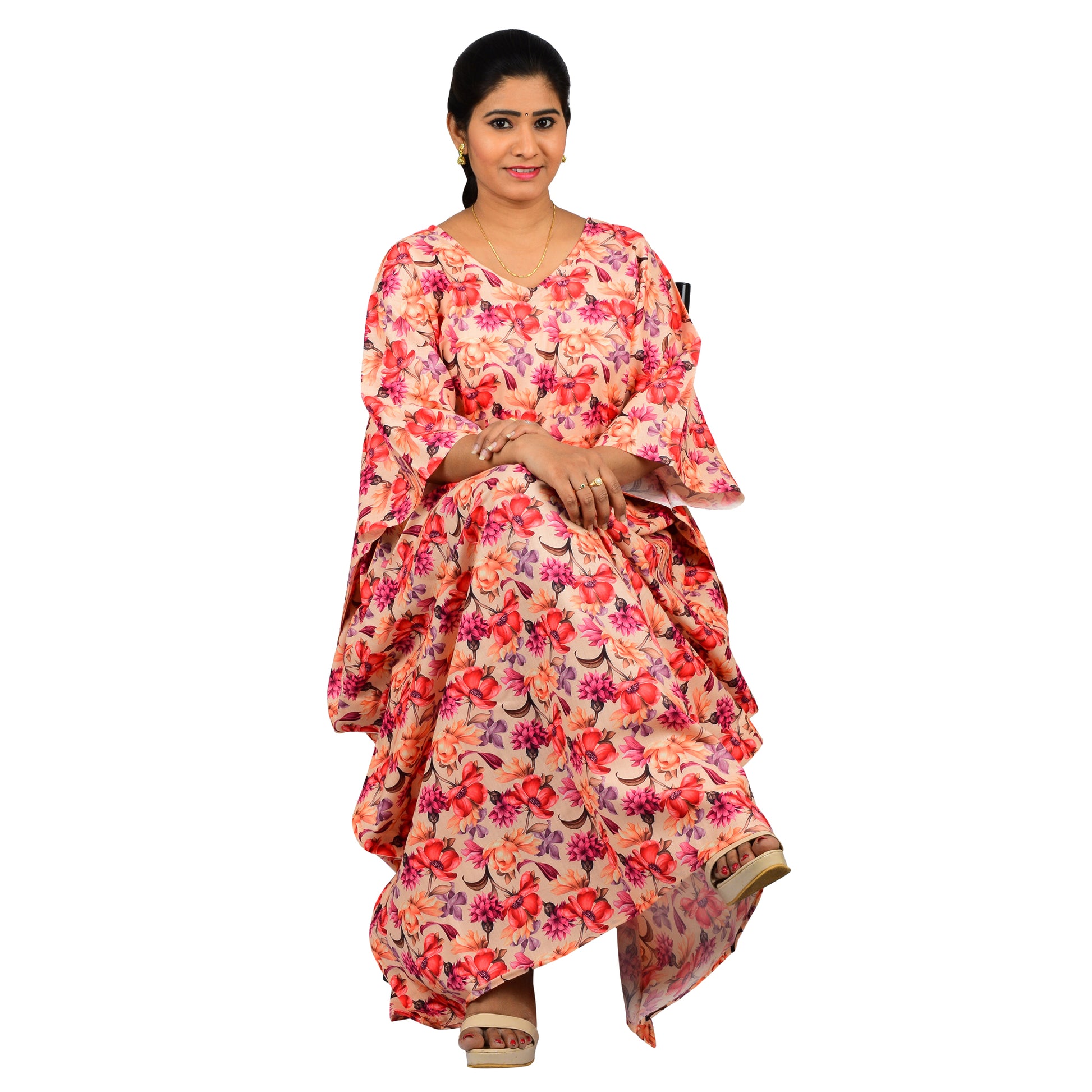 Digital Printed Cotton Blend Nighty For Women - Pink