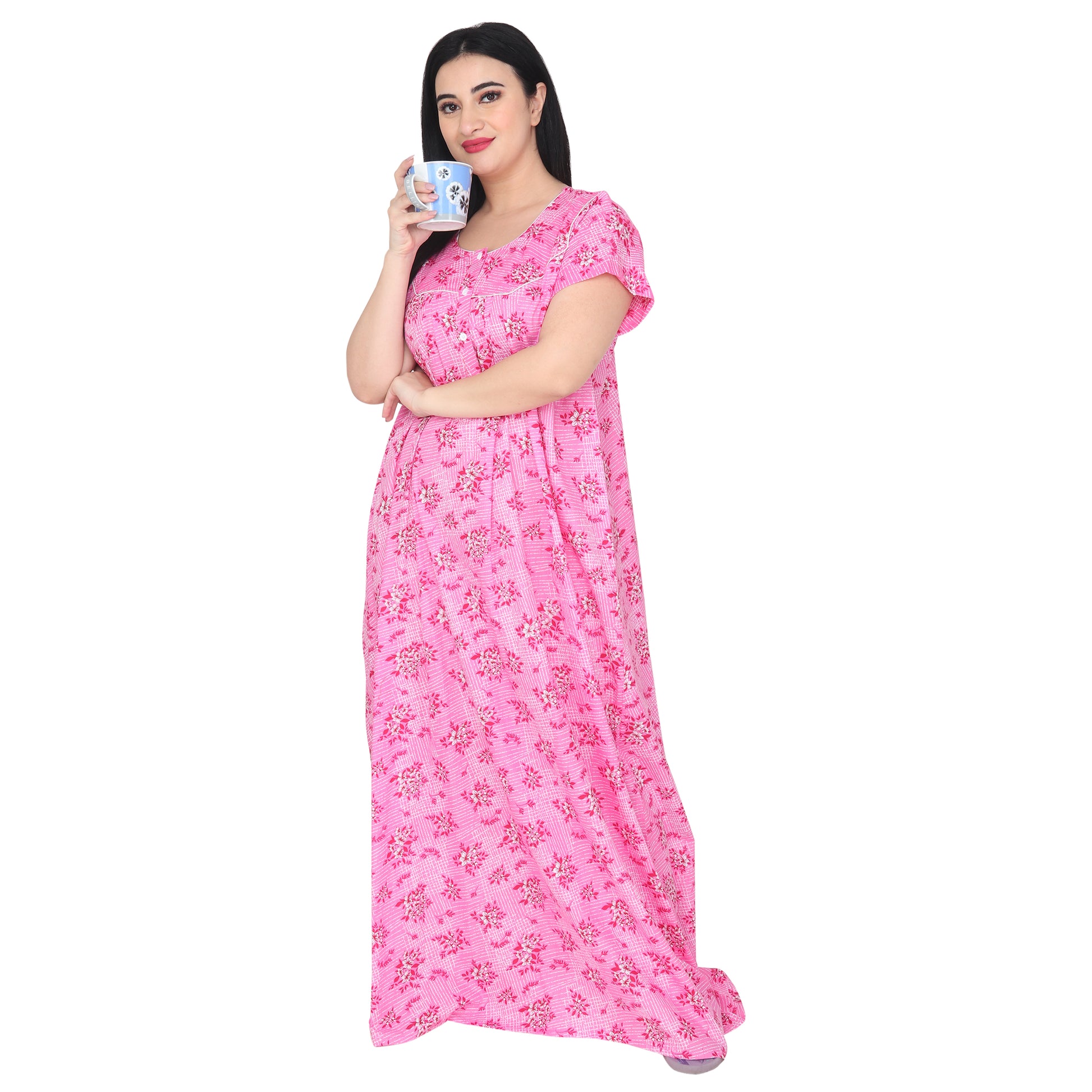 Printed Cotton Nighty For Women - Pink
