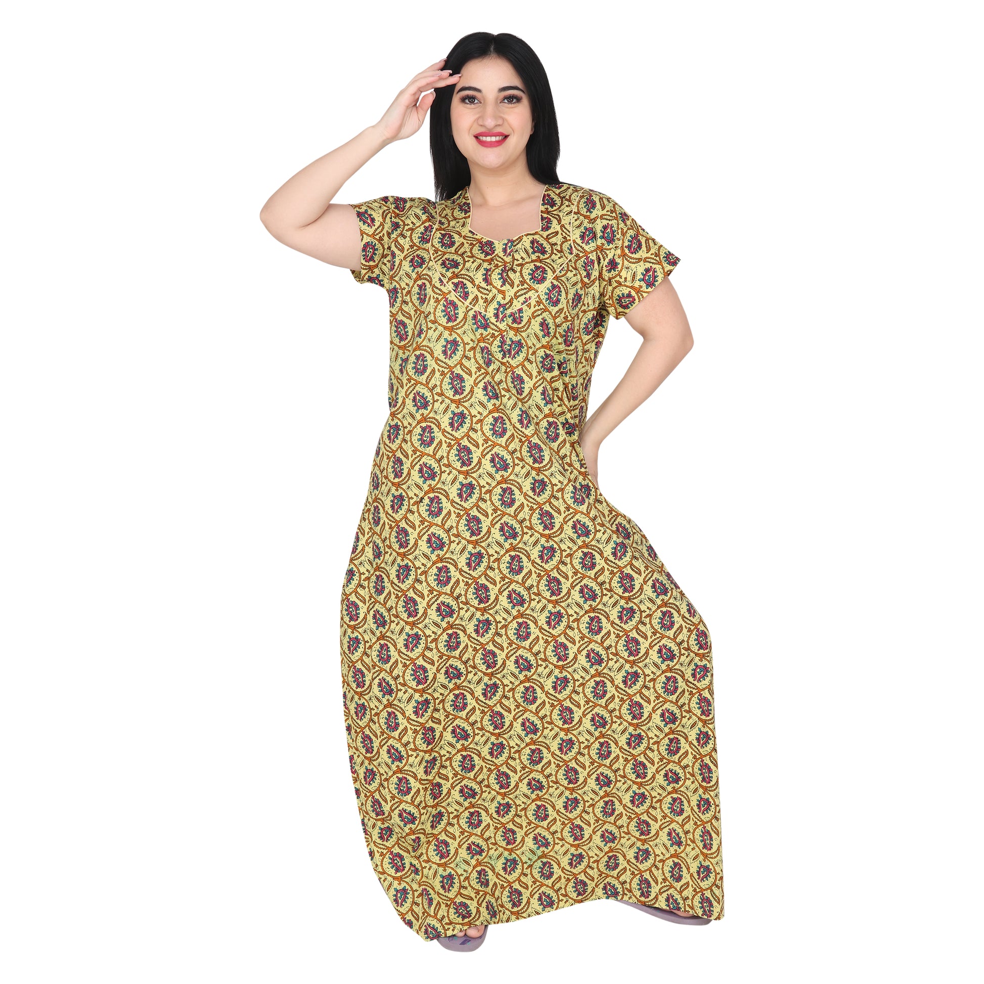 Printed Cotton Nighty For Women - Yellow