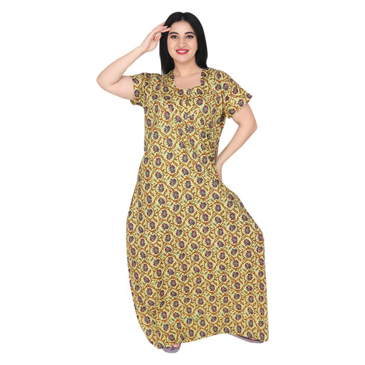 Printed Cotton Nighty For Women - Yellow