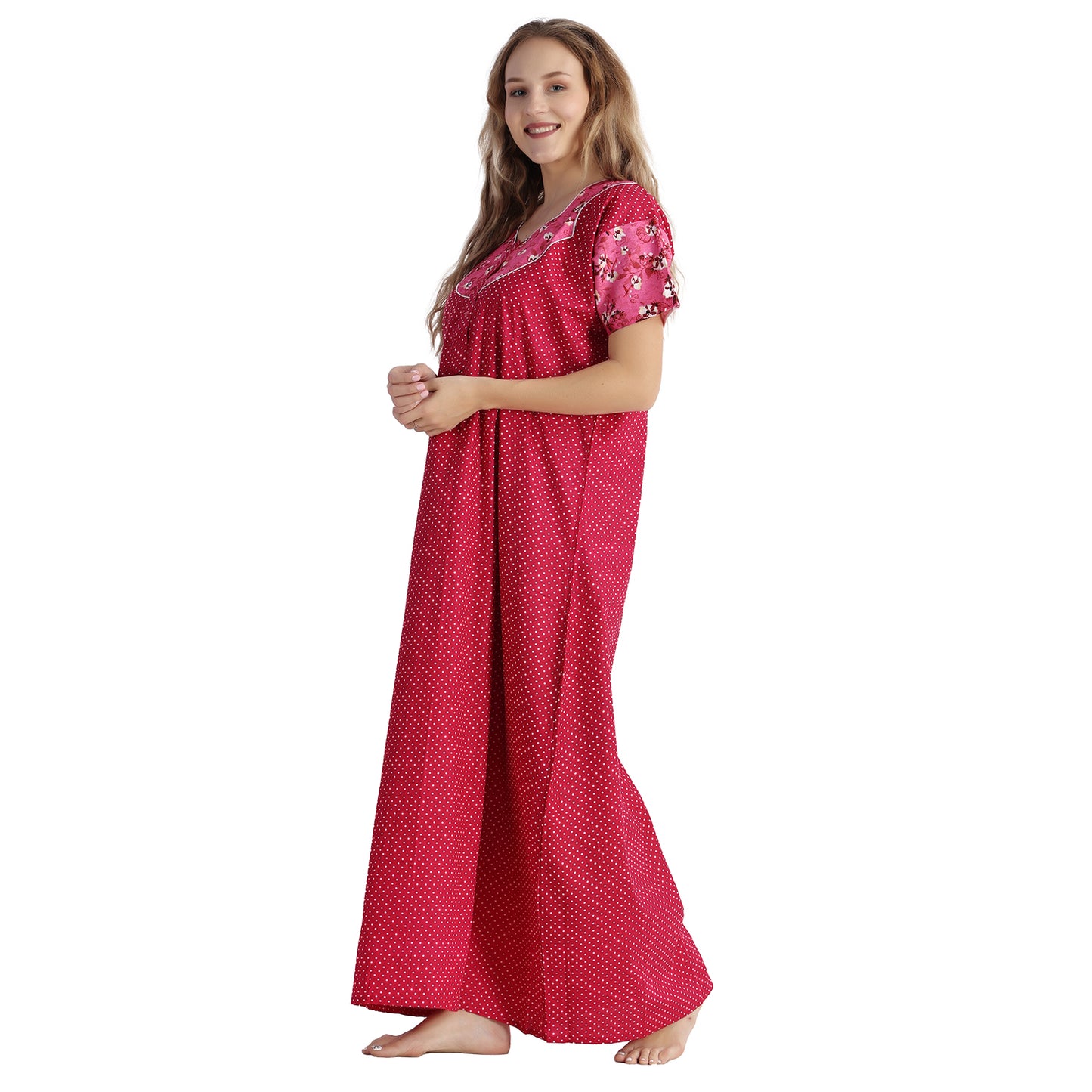 Printed Cotton Nighty For Women - Pink