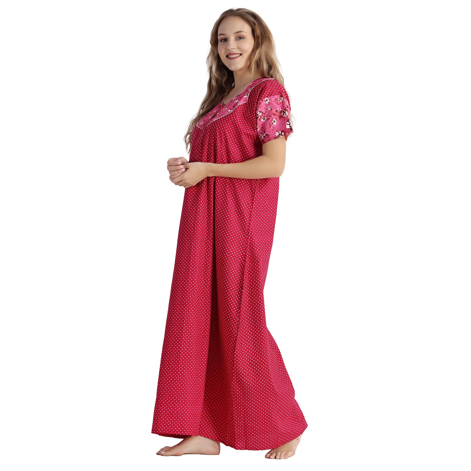 Printed Cotton Nighty For Women - Pink