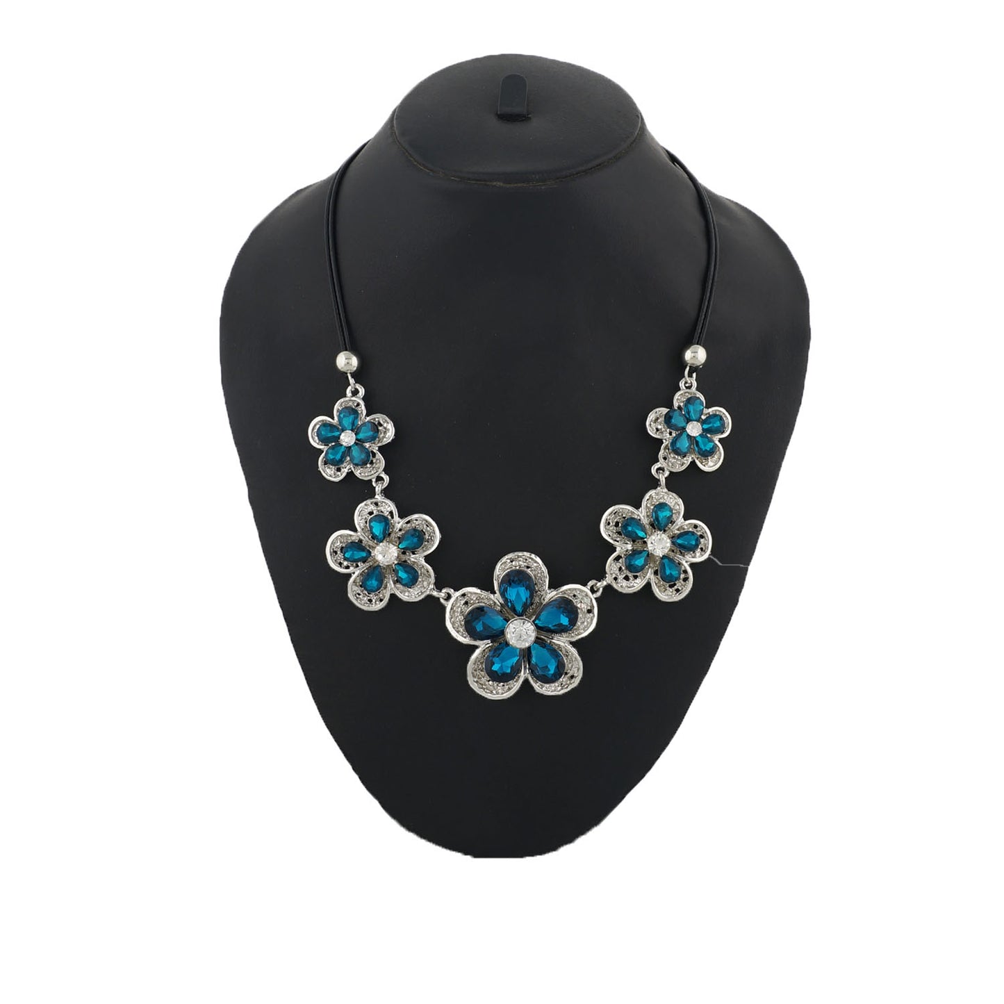 Silver and Blue Coloured stones studded Floral  Necklace For Girls and Women