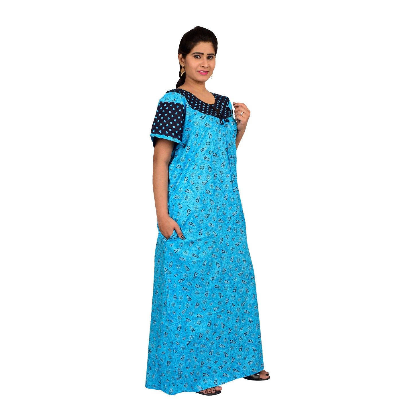Printed Cotton Nighty For Women - Blue