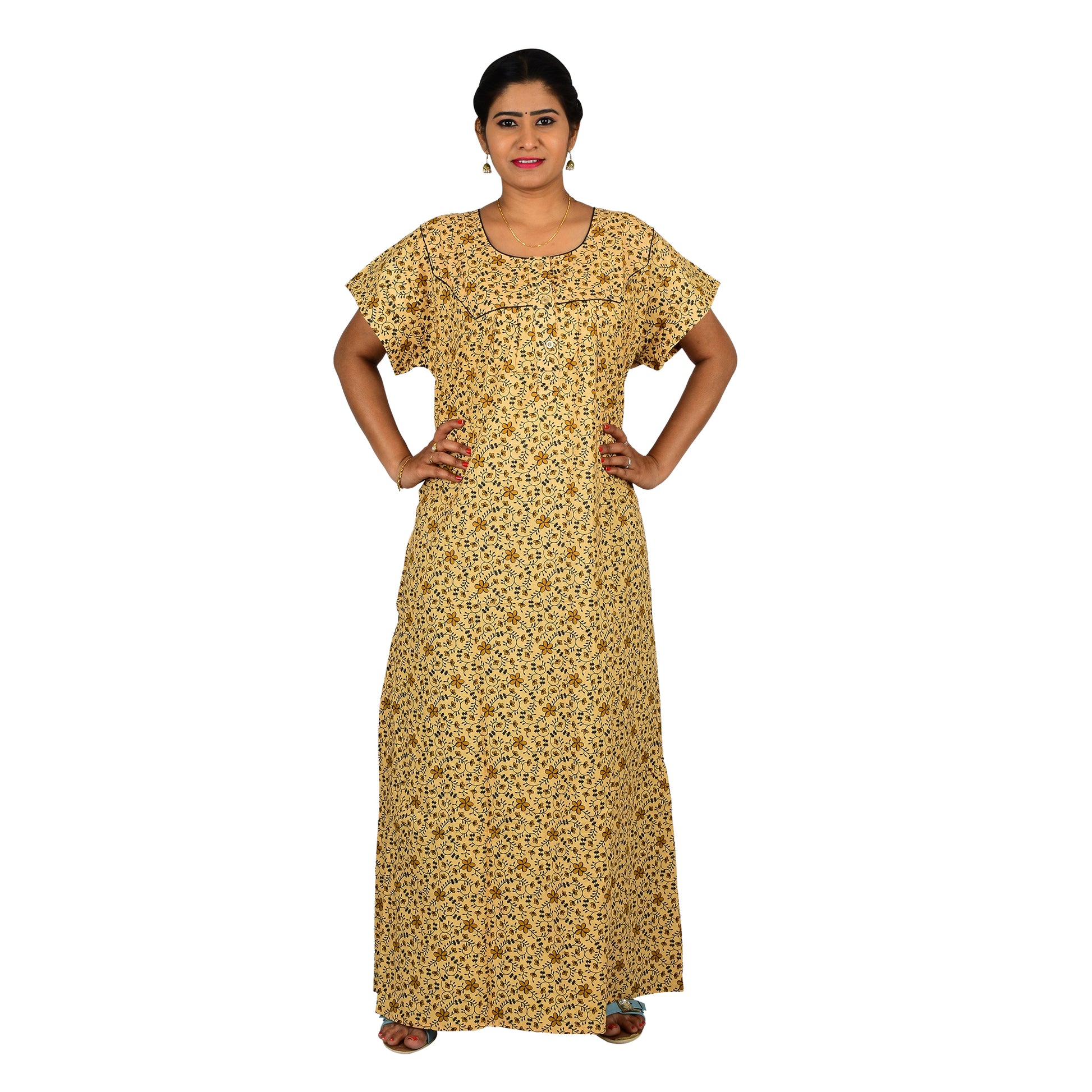 Printed Cotton Nighty For Women - Brown
