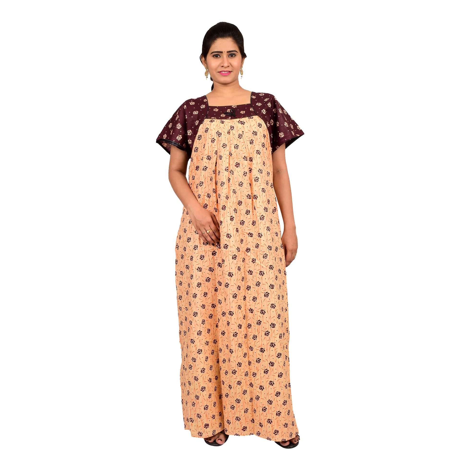 Printed Cotton Nighty For Women - Peach