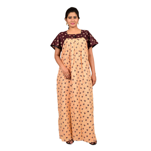 Printed Cotton Nighty For Women - Peach