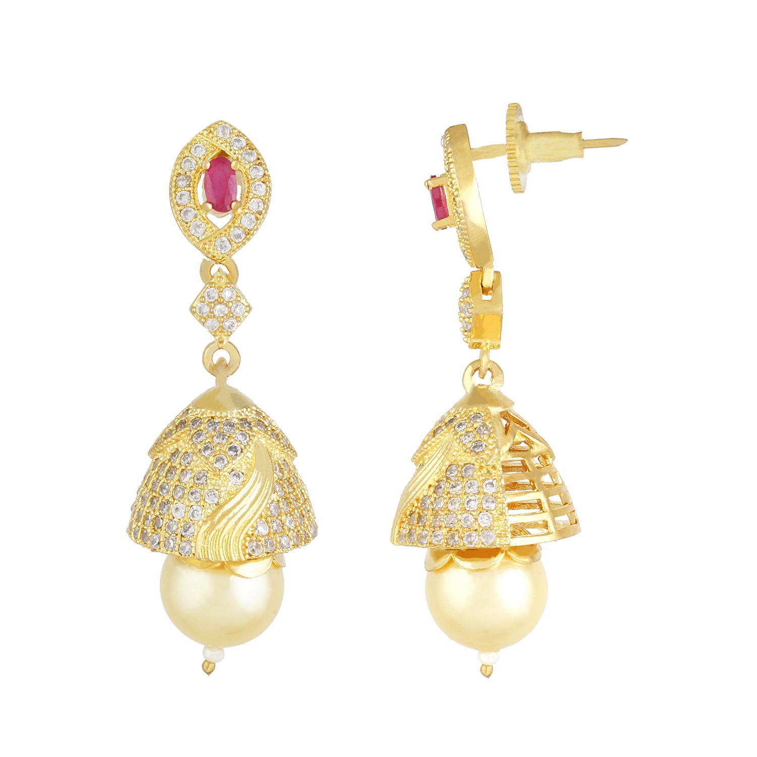 Stylish Gold Plated CZ Copper Jhumki with Pearl Hanging for Ladies and Girls