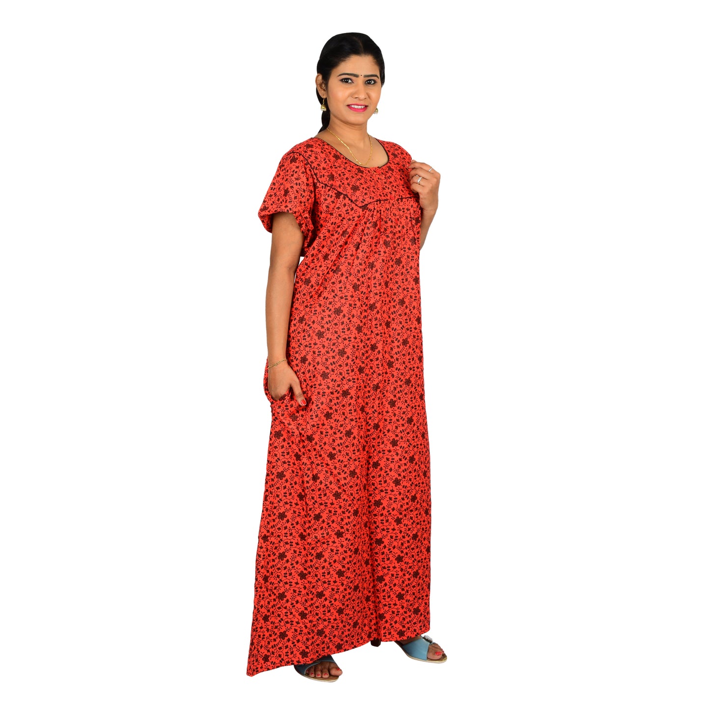 Printed Cotton Nighty For Women - Red