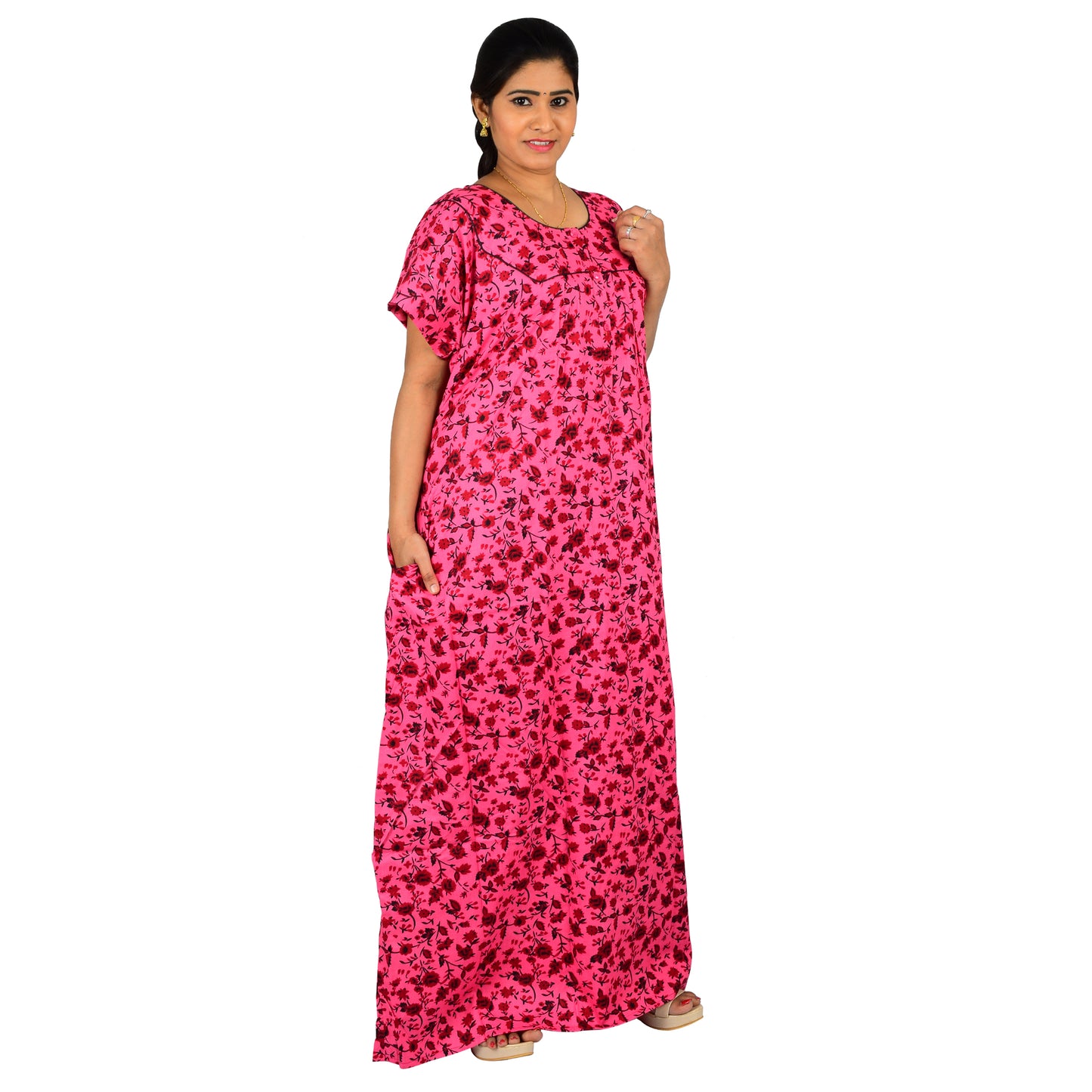 Printed Cotton Nighty For Women - Pink