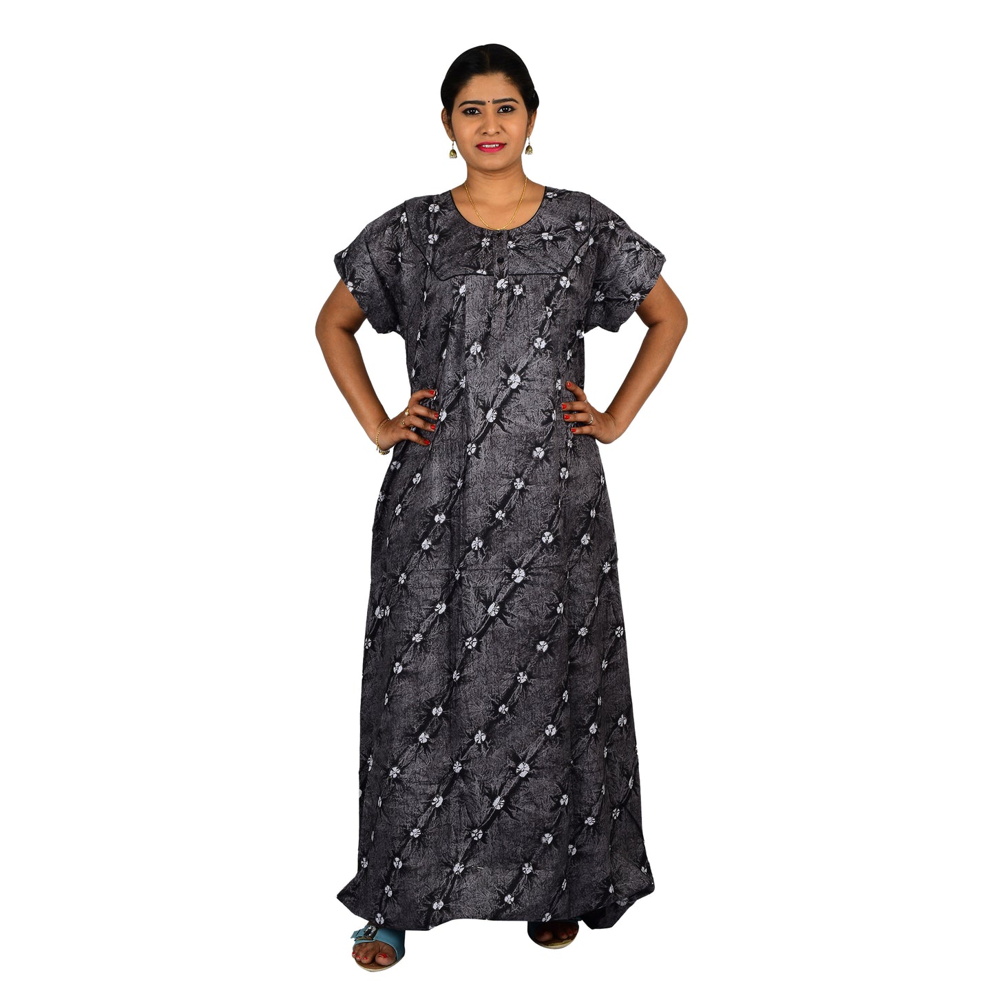 Printed Cotton Nighty For Women - Grey