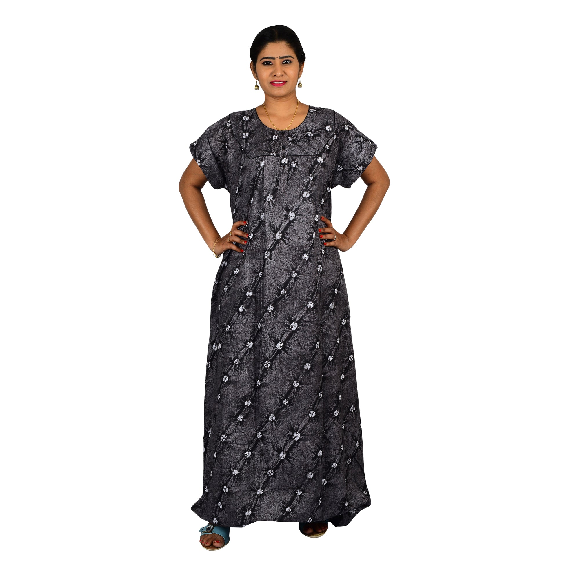 Printed Cotton Nighty For Women - Grey