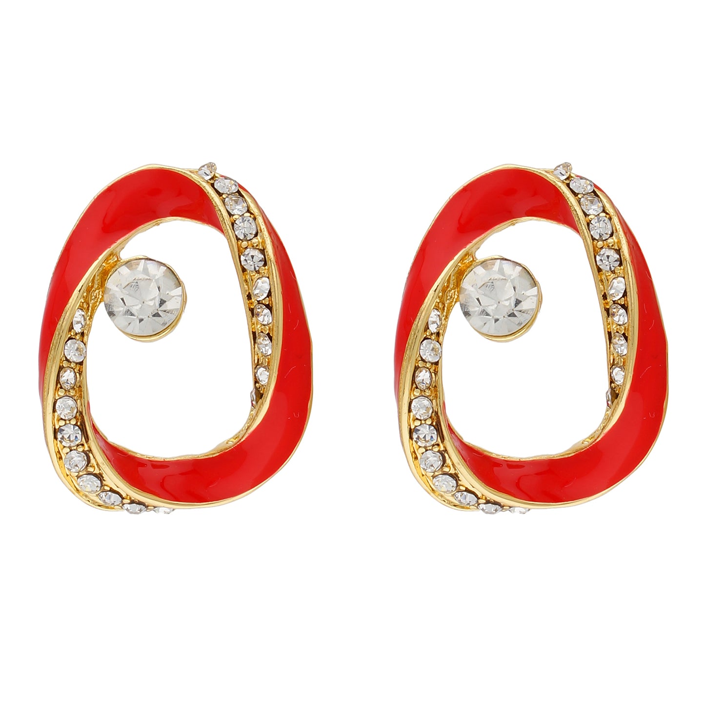 Contemporary Red and Gold Colour Oval Design Enamel Enhanced Earring for Girls and Women