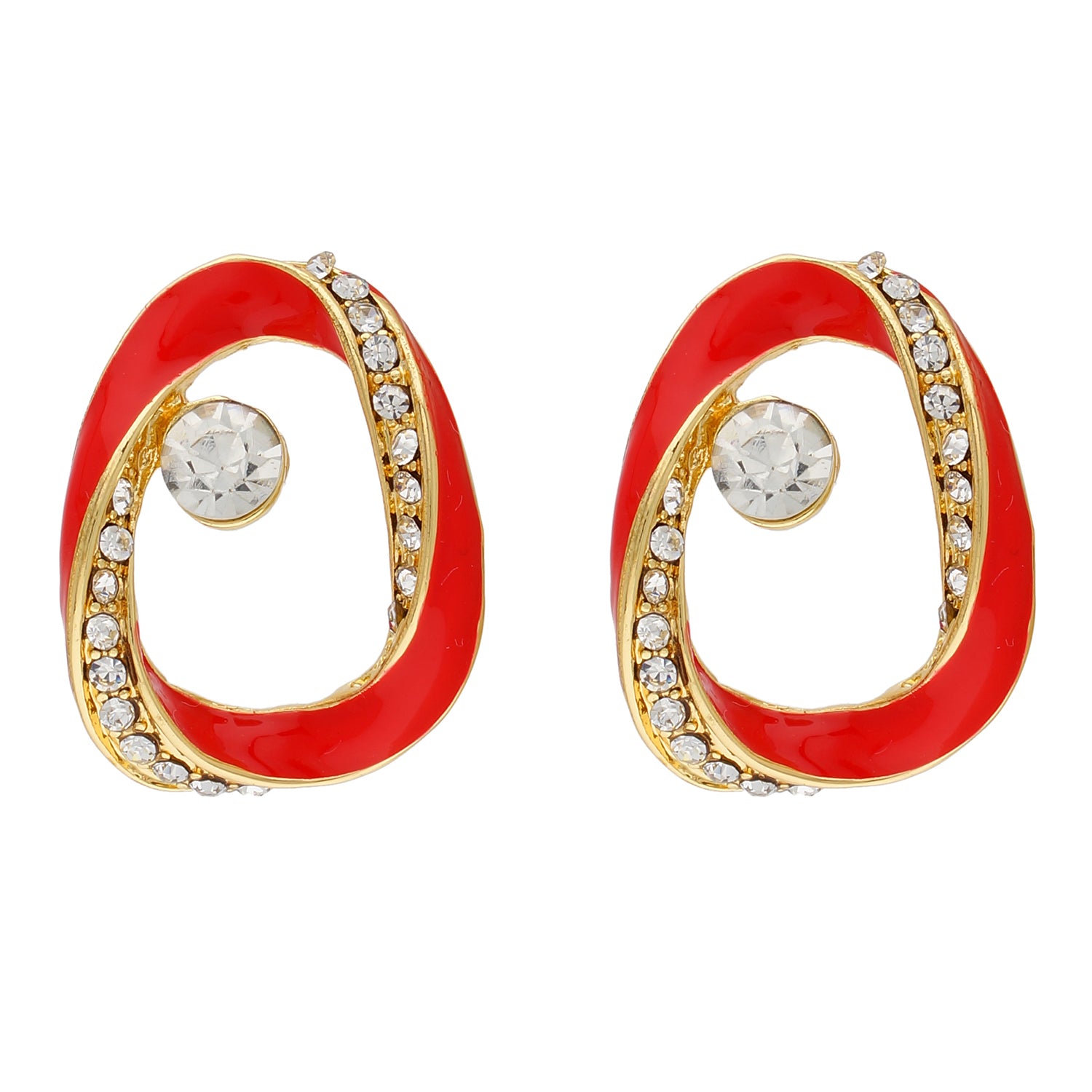 Contemporary Red and Gold Colour Oval Design Enamel Enhanced Earring for Girls and Women