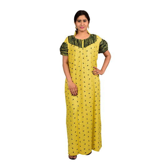 Printed Cotton Nighty For Women - Yellow