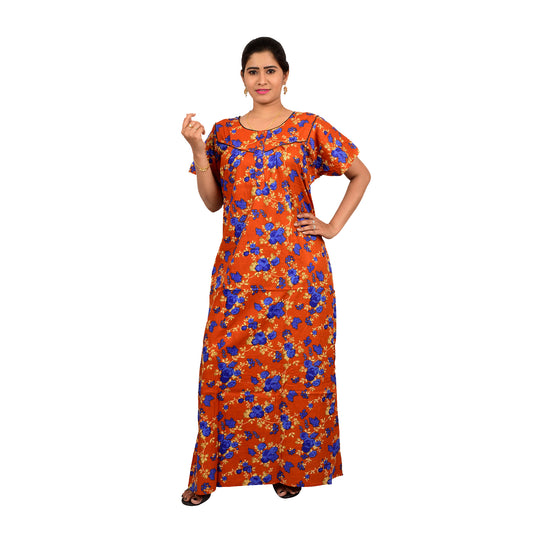 Printed Cotton Nighty For Women - Orange