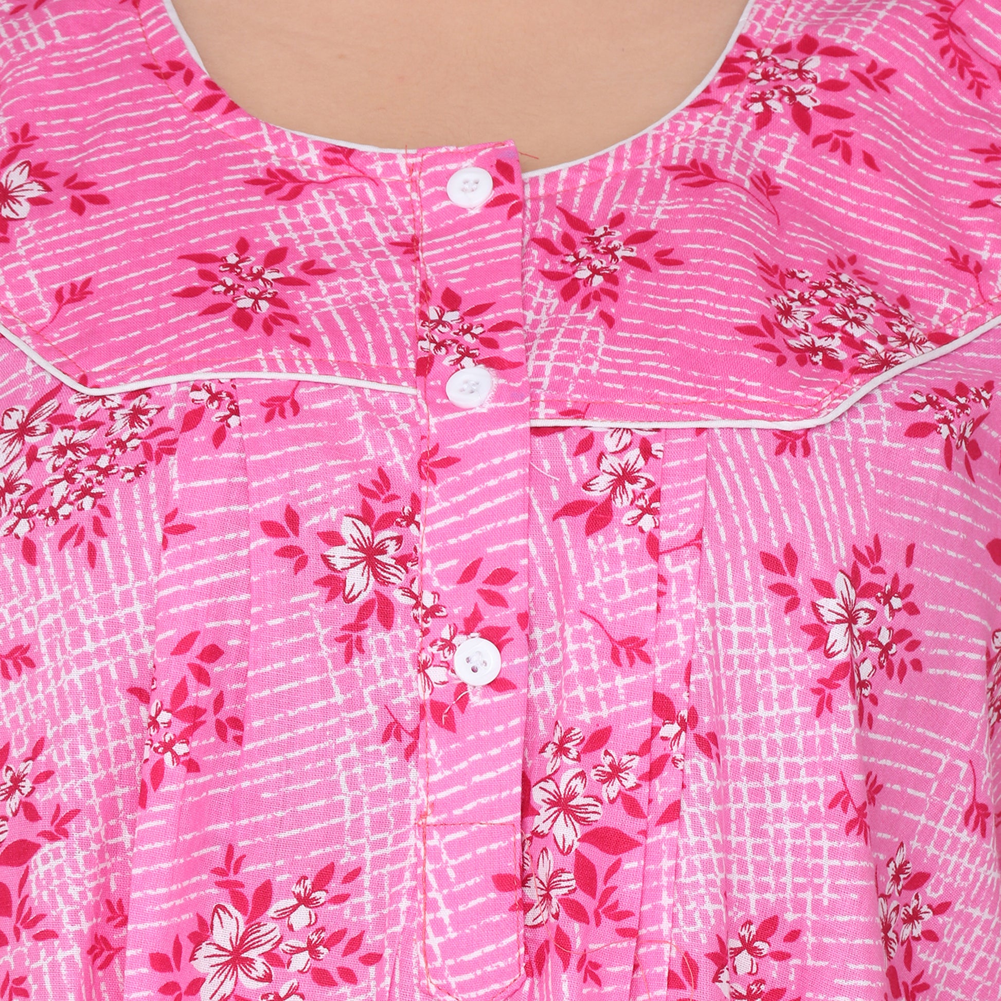 Printed Cotton Nighty For Women - Pink