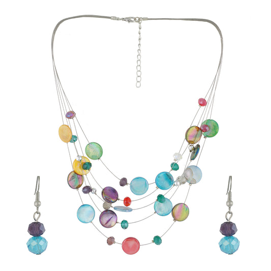 Multi Colour Button Necklace and Earrings for Girls and Women