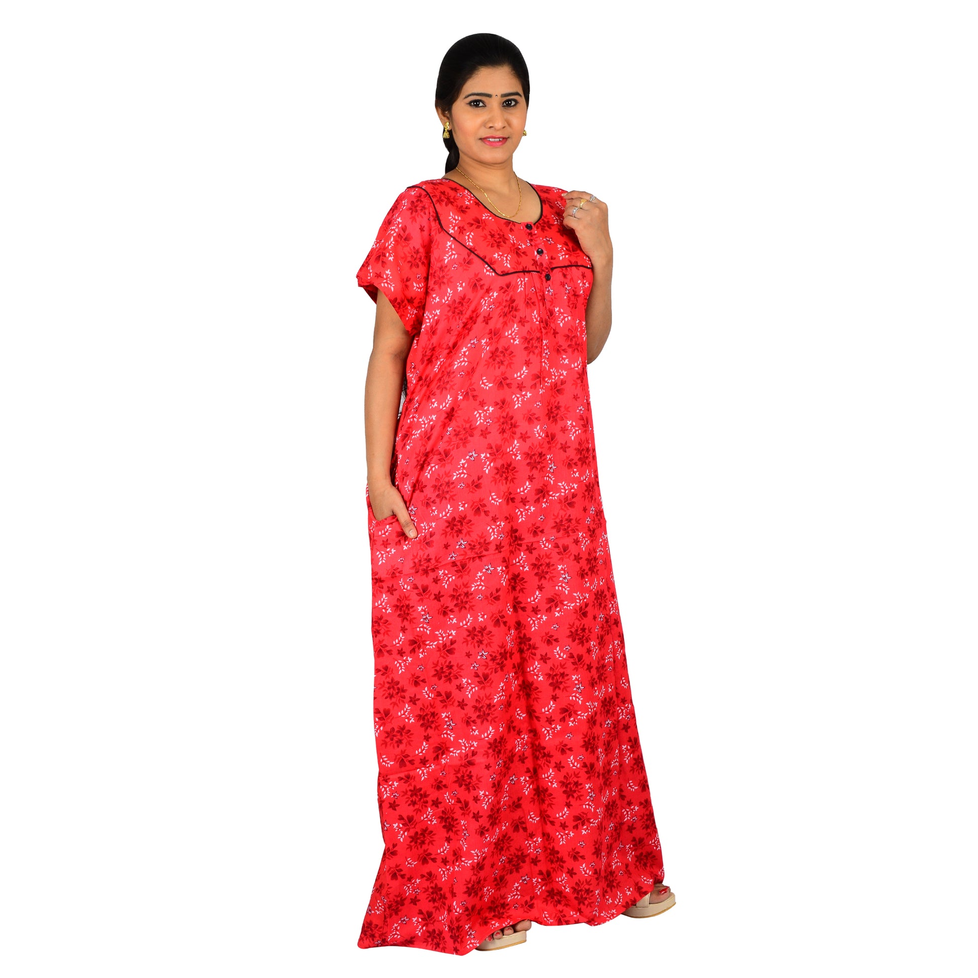 Printed Cotton Nighty For Women - Red