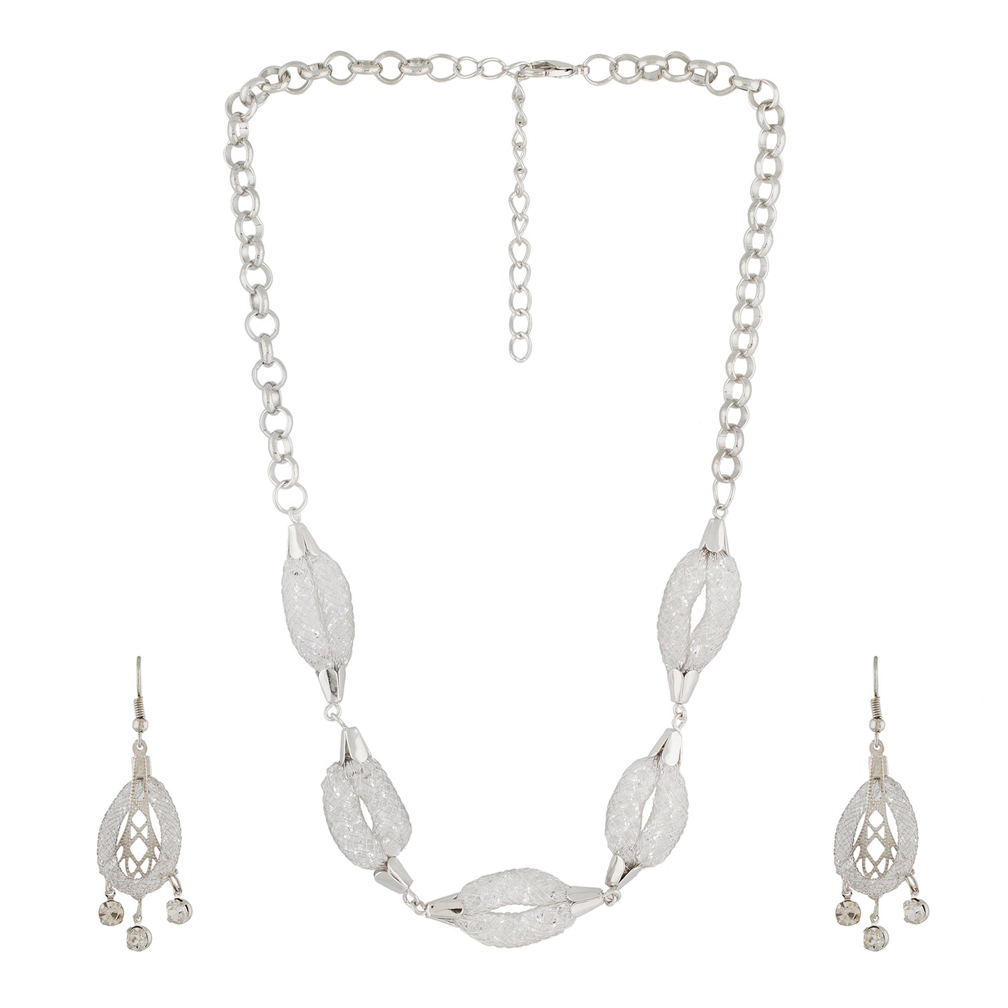 Silver Colour Oval Necklace and Earrings for Girls and Women