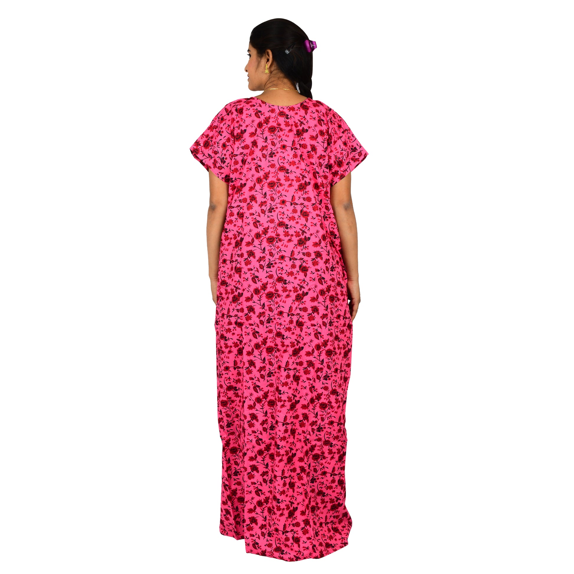 Printed Cotton Nighty For Women - Pink