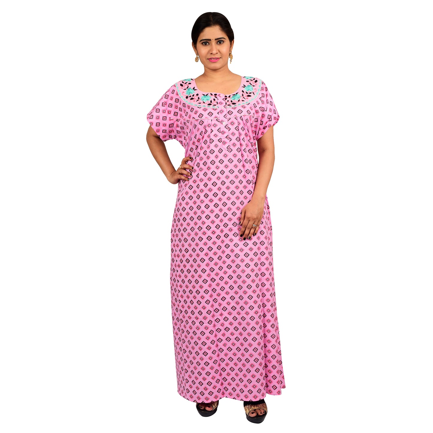Embroidery Printed Cotton Nighty For Women - Pink
