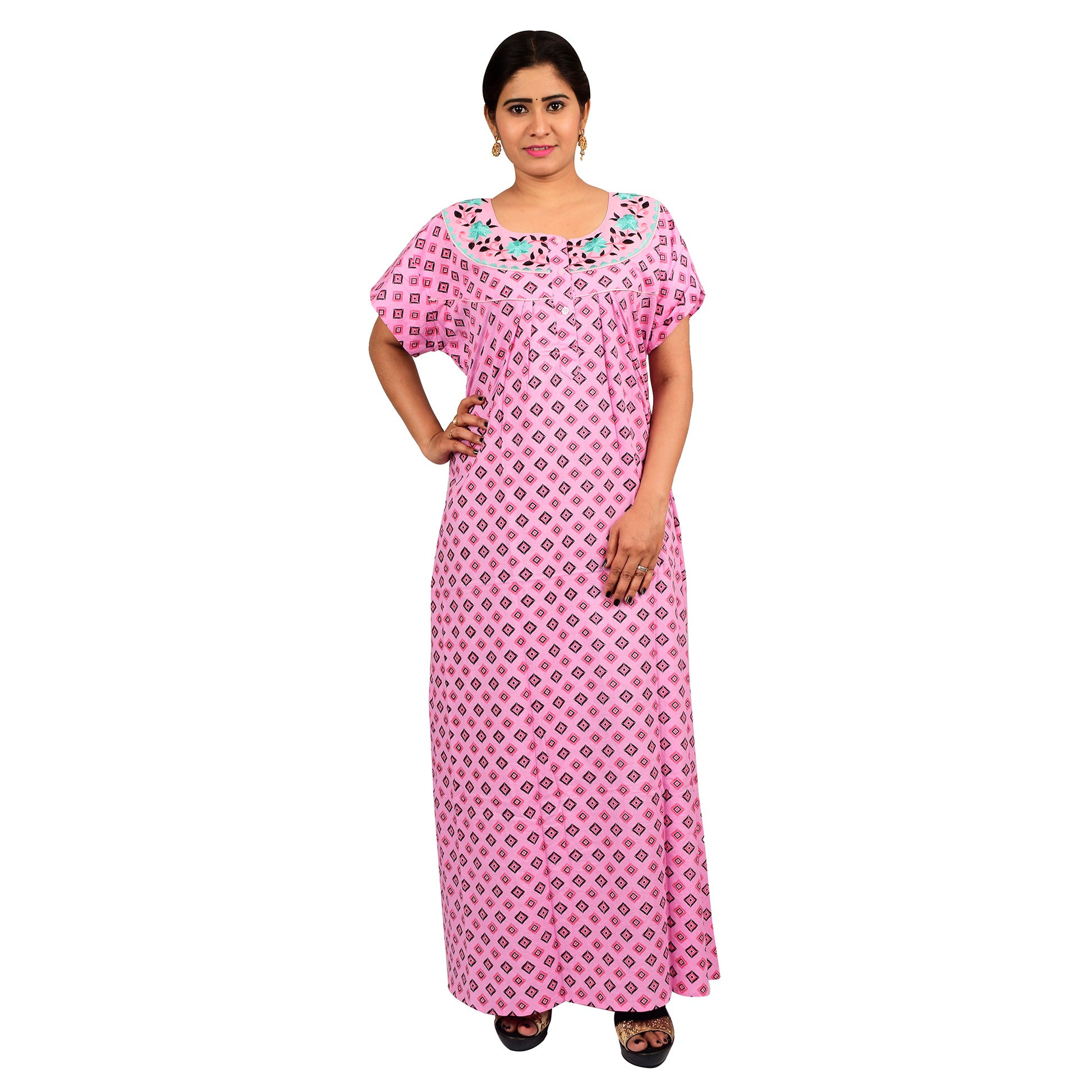 Embroidery Printed Cotton Nighty For Women - Pink