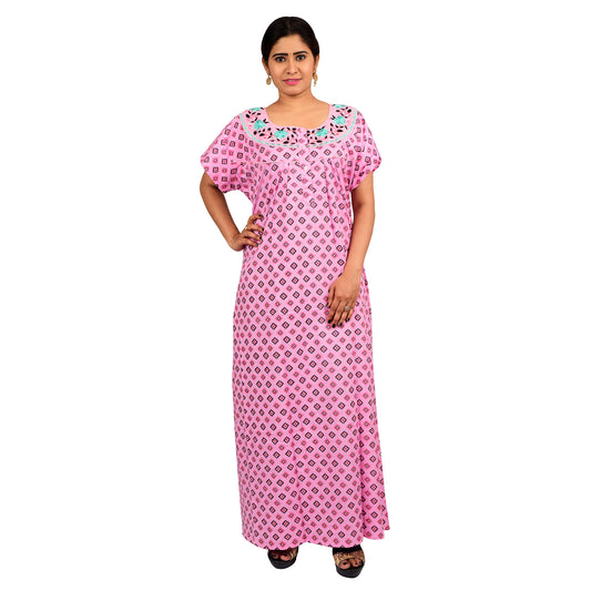 Embroidery Printed Cotton Nighty For Women - Pink
