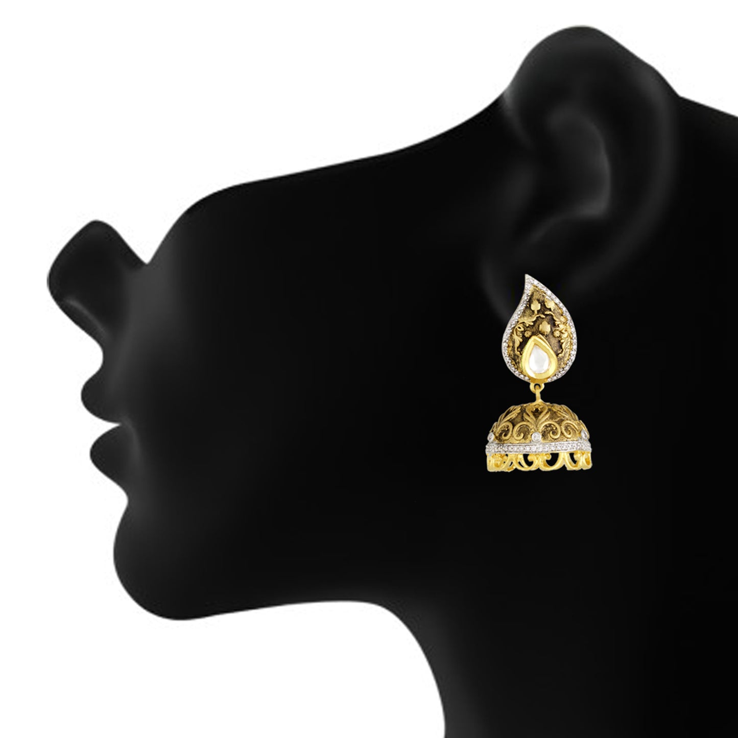 Stylish Drop Shape Gold Plated CZ Copper Kundan Jhumki for Ladies and Girls