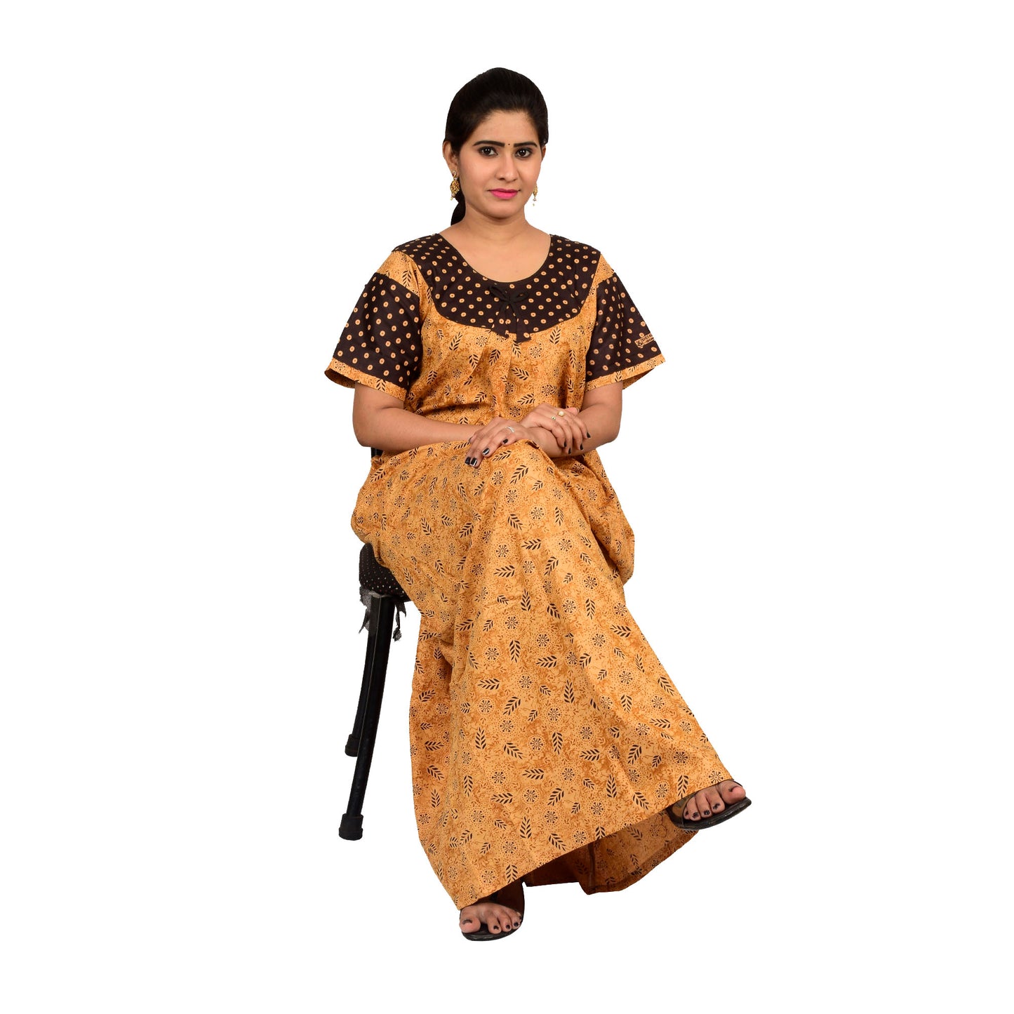 Printed Cotton Nighty For Women - Brown
