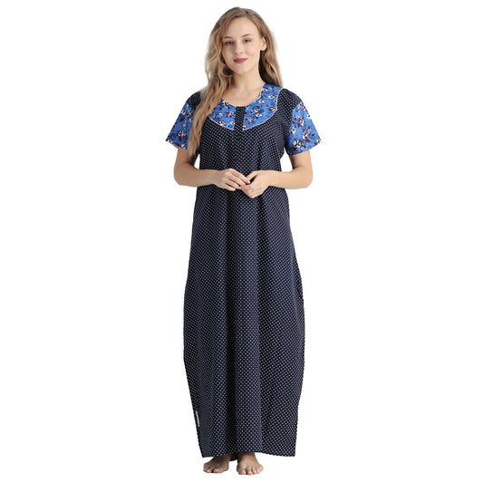 Printed Cotton Nighty For Women - Blue