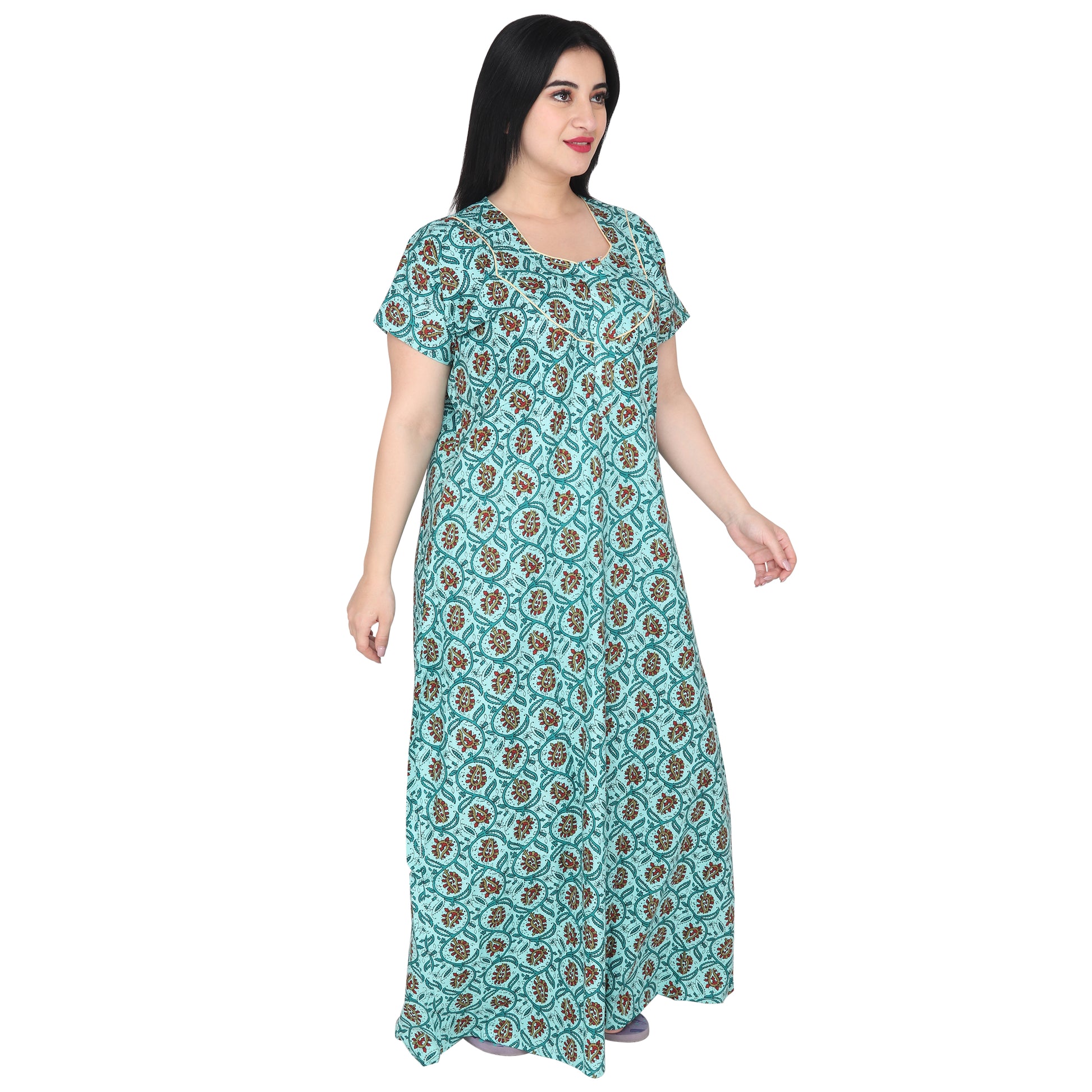 Printed Cotton Nighty For Women - Green