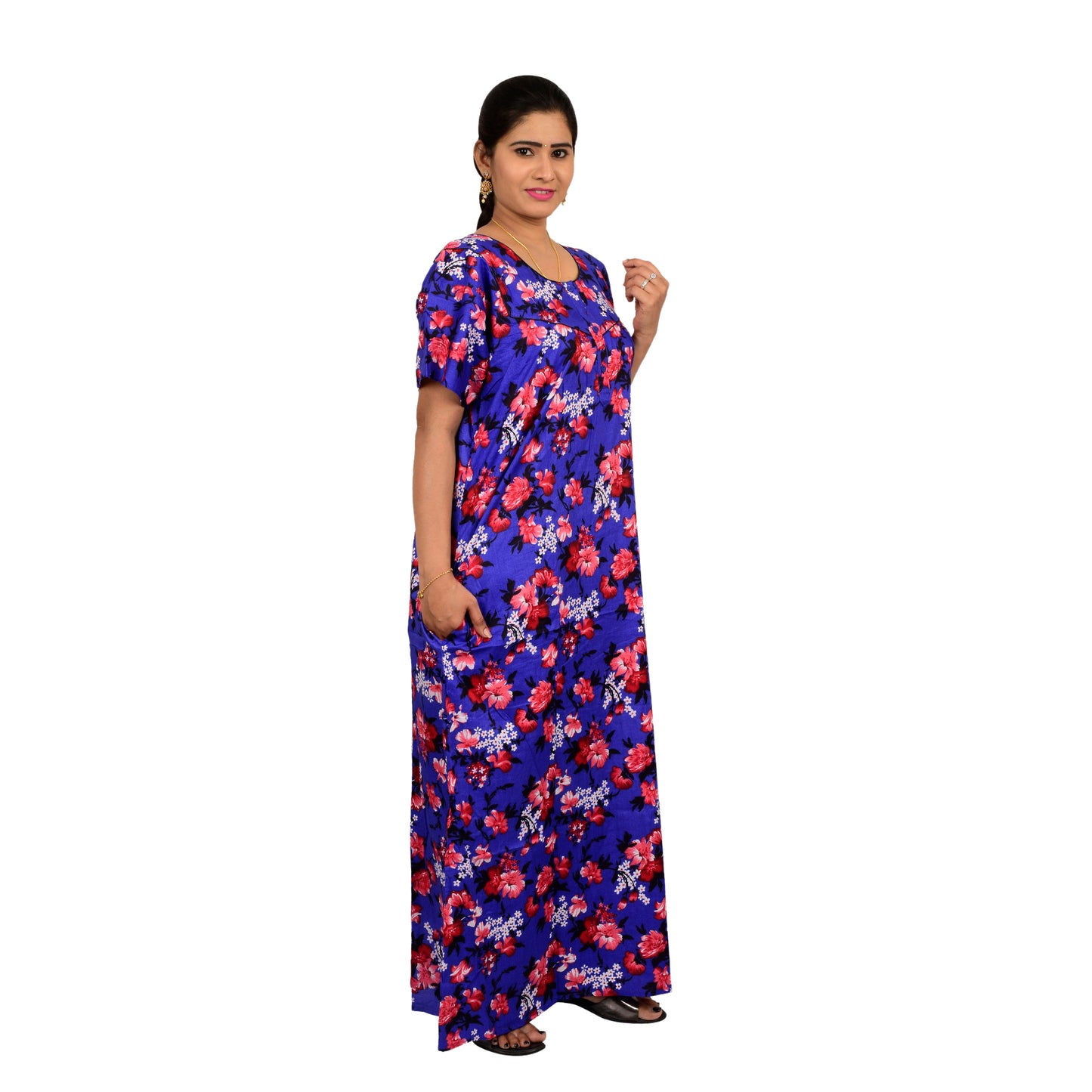 Printed Cotton Nighty For Women - Blue