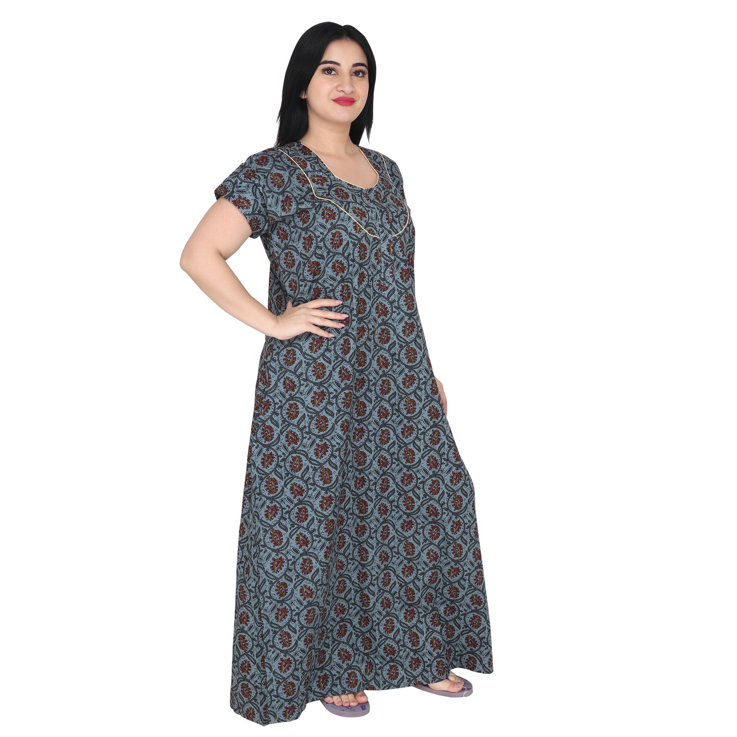Printed Cotton Nighty For Women - Blue