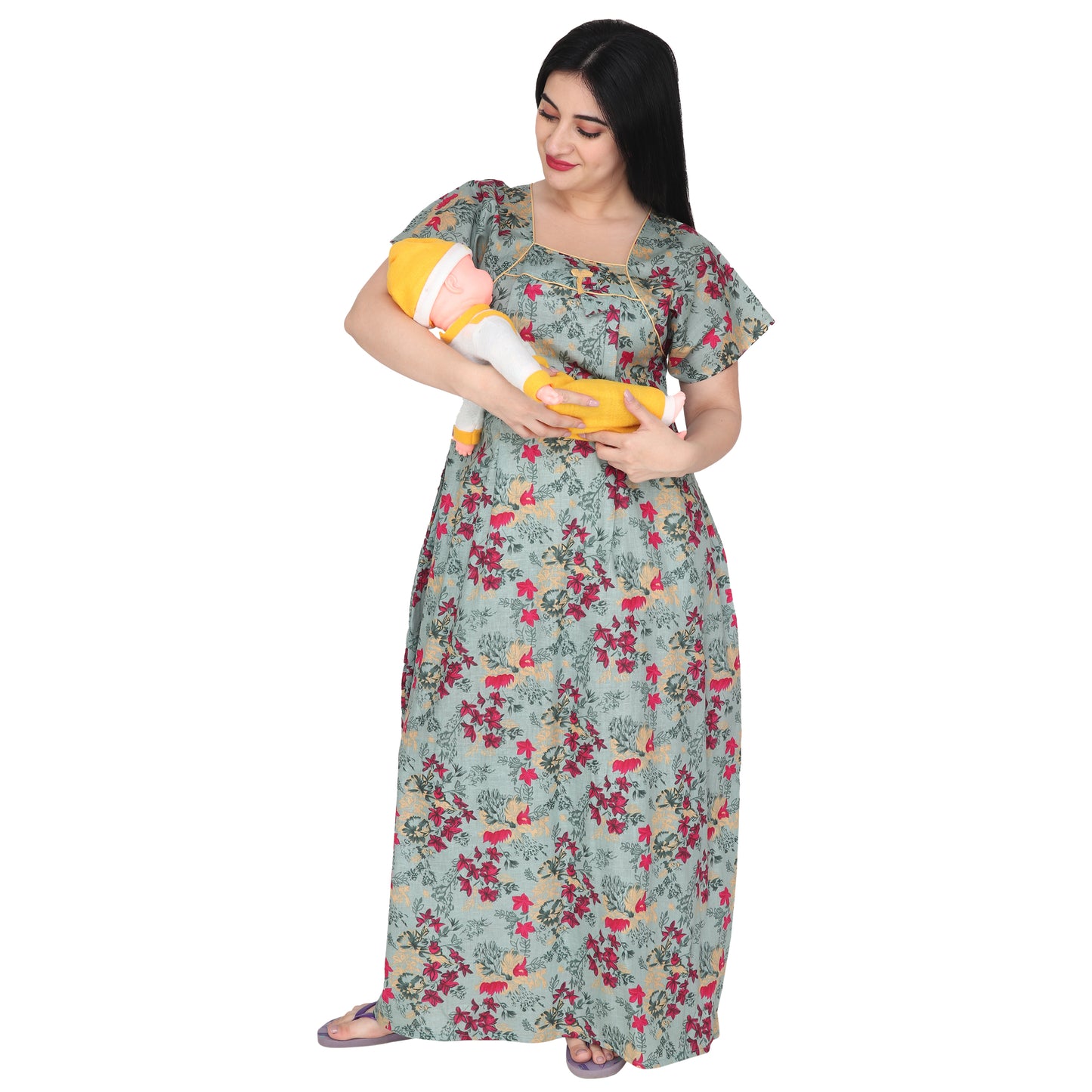 Printed Cotton Maternity Feeding Nighty For Women - Green