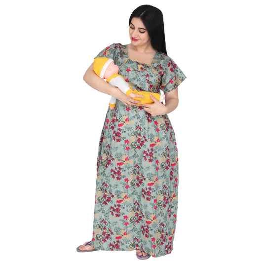 Printed Cotton Maternity Feeding Nighty For Women - Green