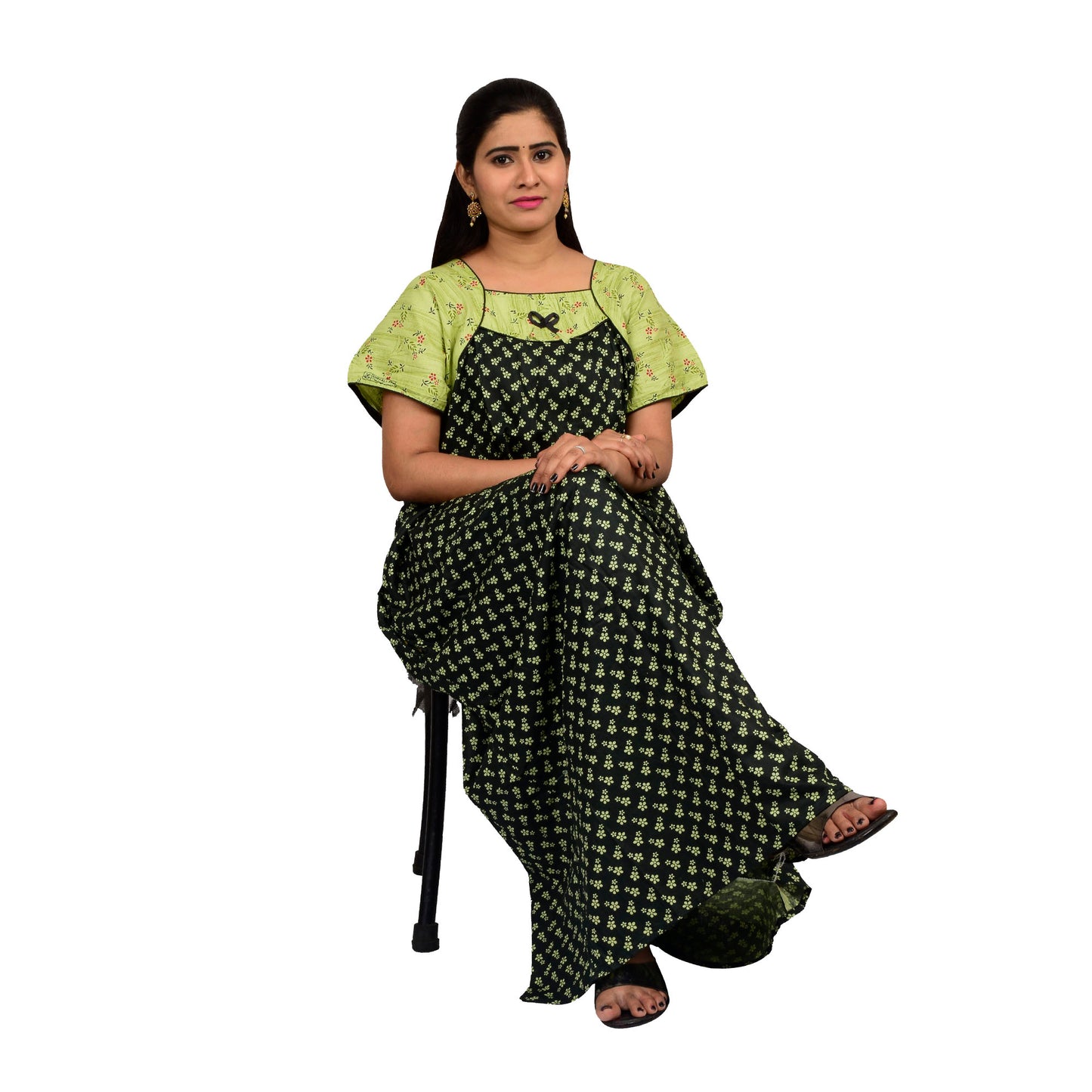 Printed Cotton Nighty For Women - Green