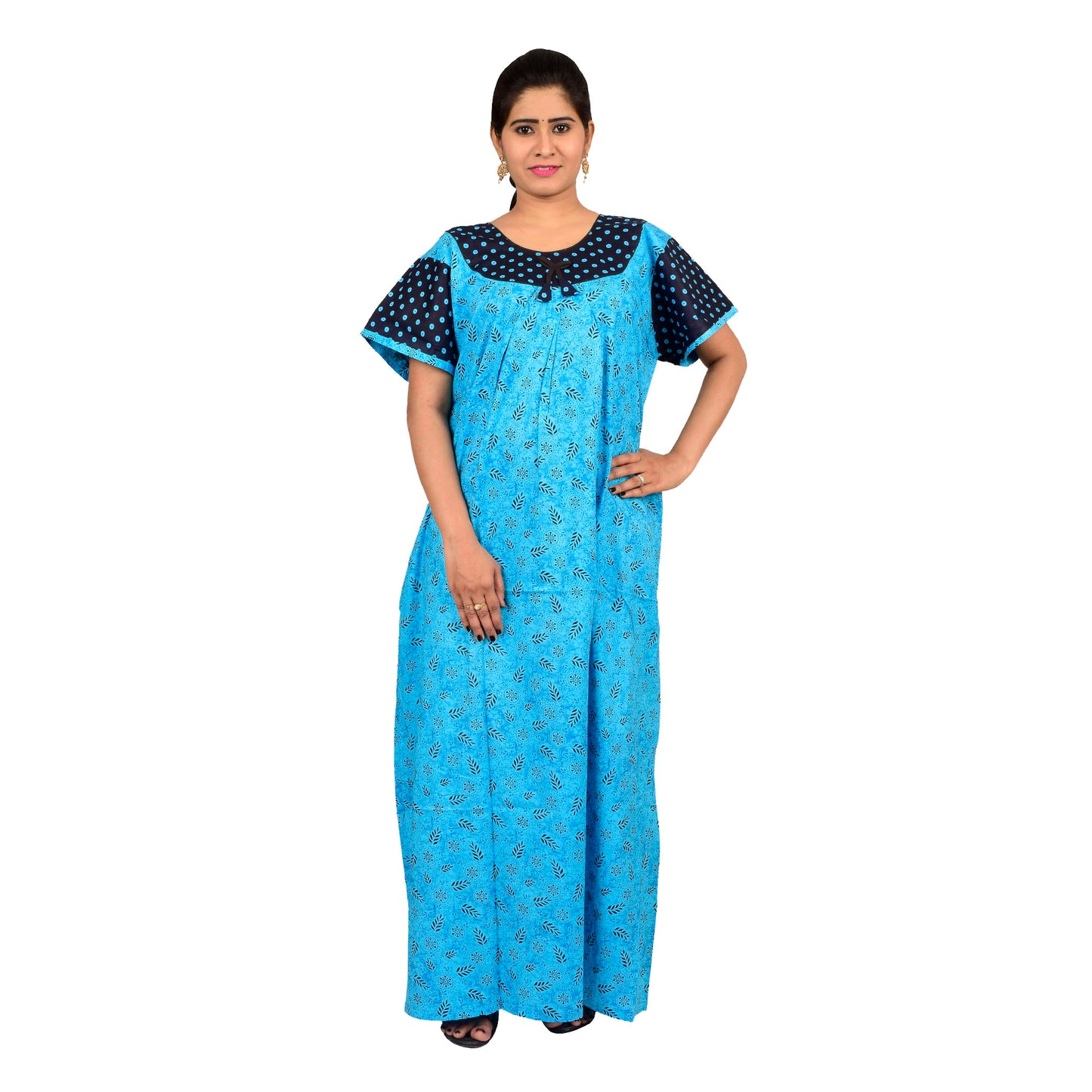 Printed Cotton Nighty For Women - Blue