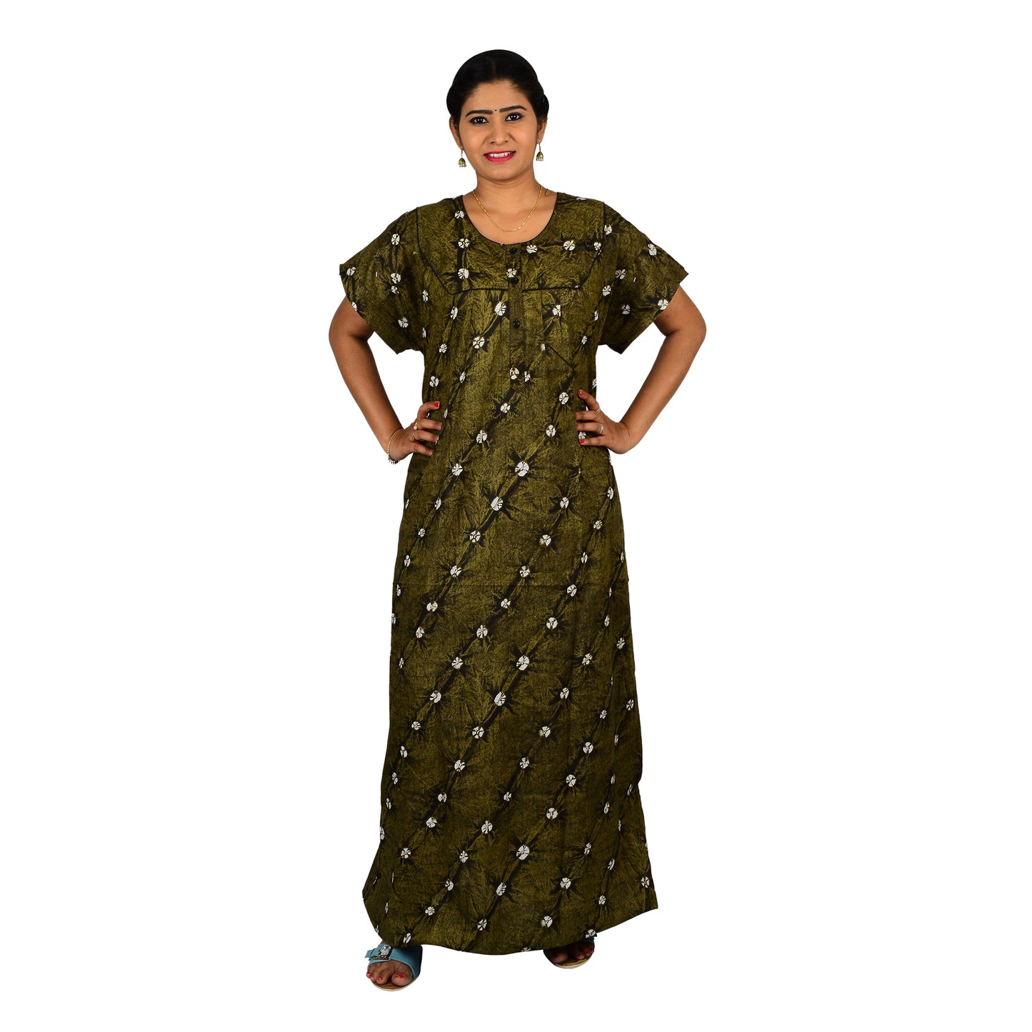 Printed Cotton Nighty For Women - Green