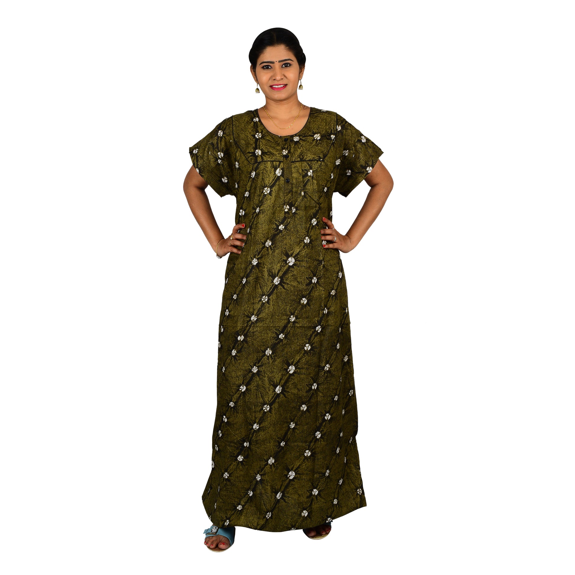 Printed Cotton Nighty For Women - Green