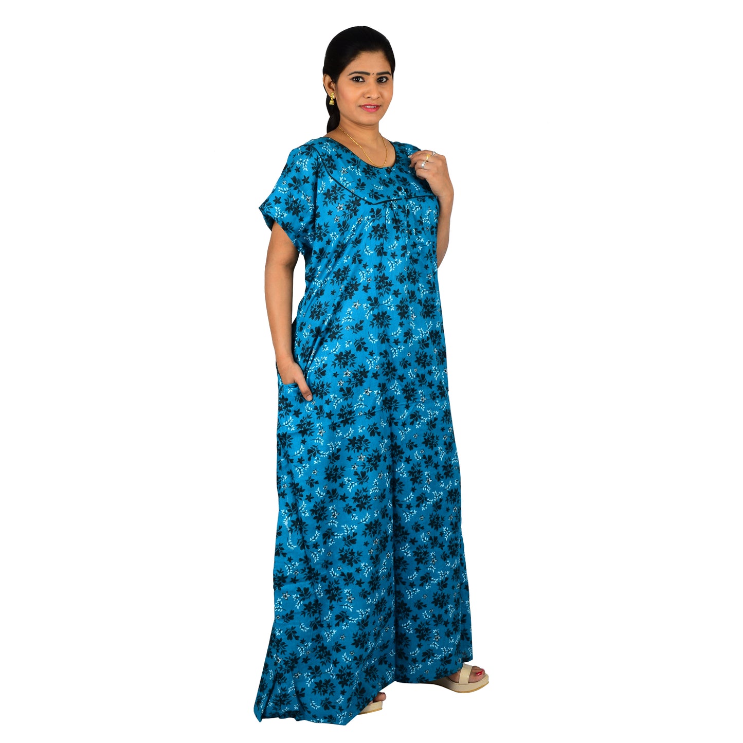 Printed Cotton Nighty For Women - Dark Green