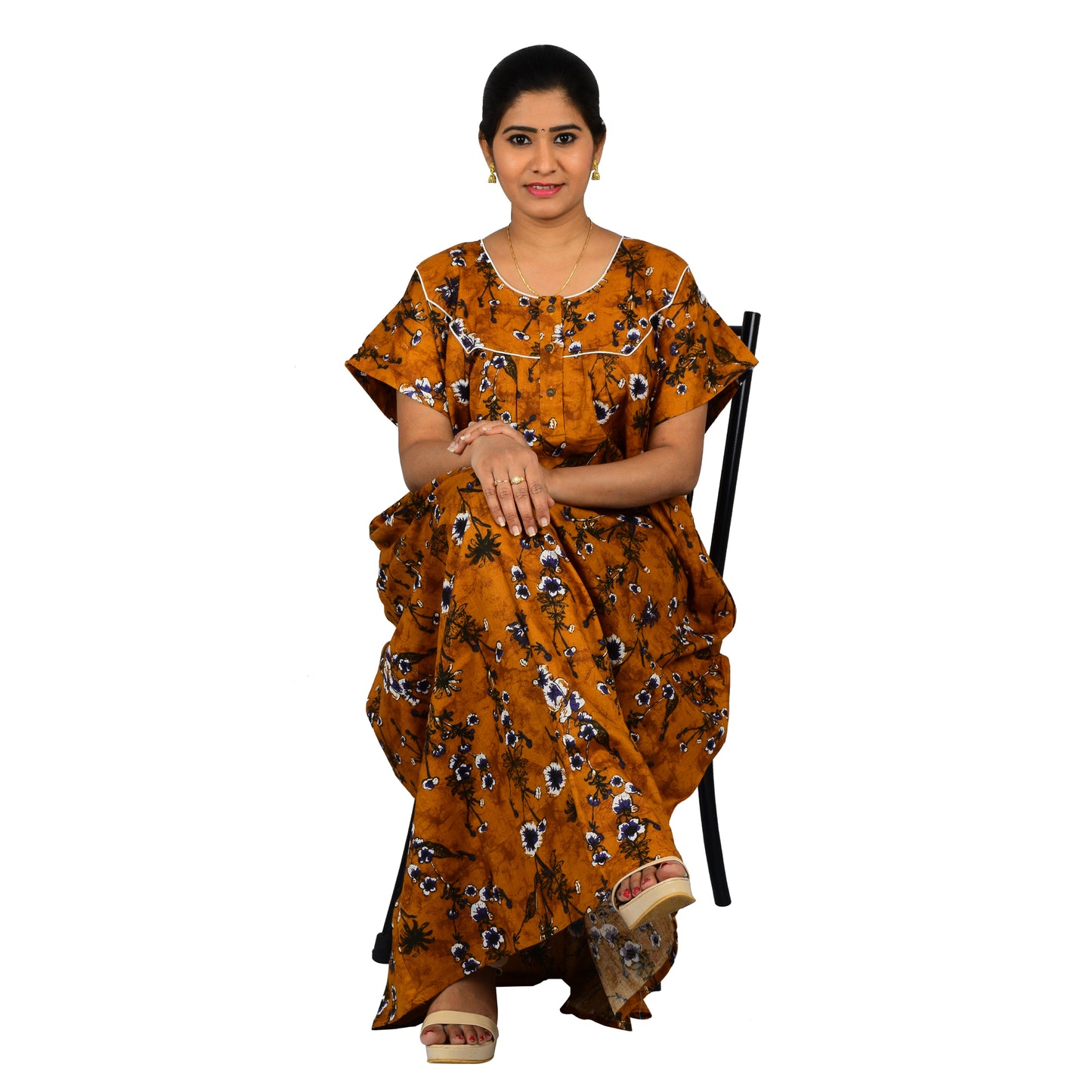 Printed Cotton Nighty For Women - Orange