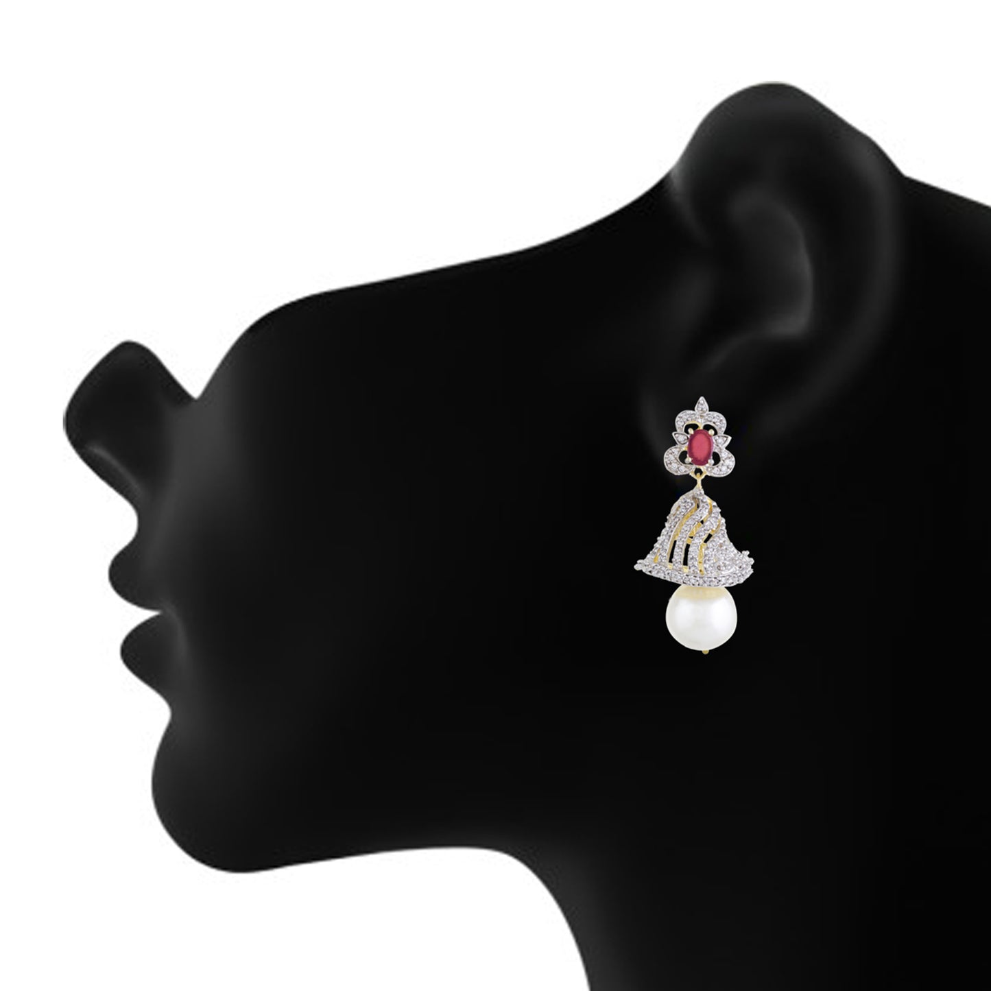 Designer Rodhium Plated CZ Copper Jhumki with Pearl Hanging for Ladies and Girls