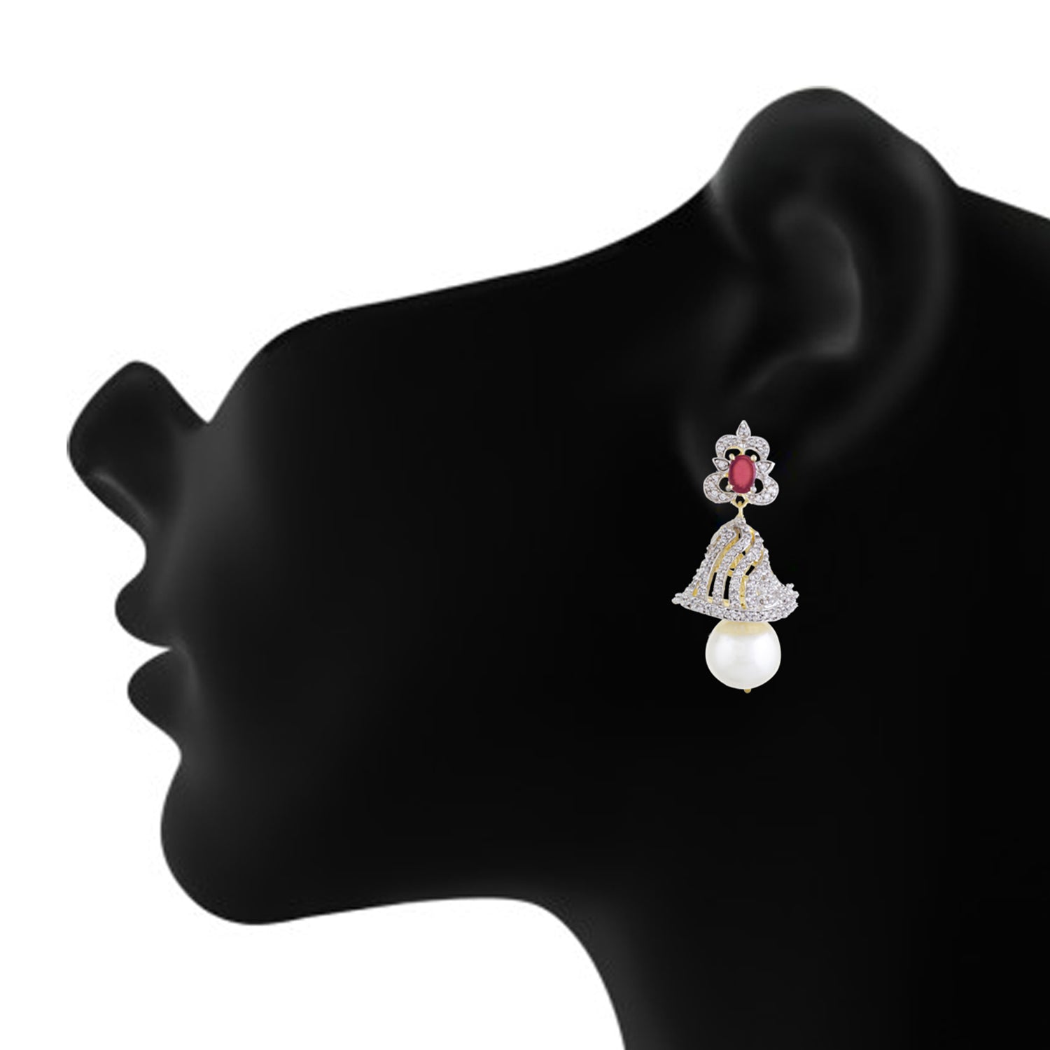 Designer Rodhium Plated CZ Copper Jhumki with Pearl Hanging for Ladies and Girls