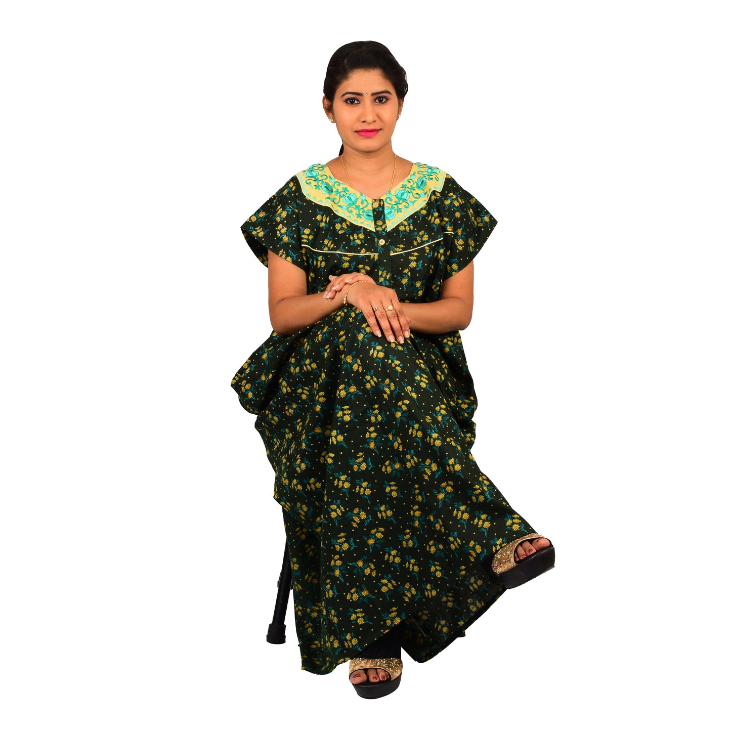 Printed Cotton Nighty For Women - Green