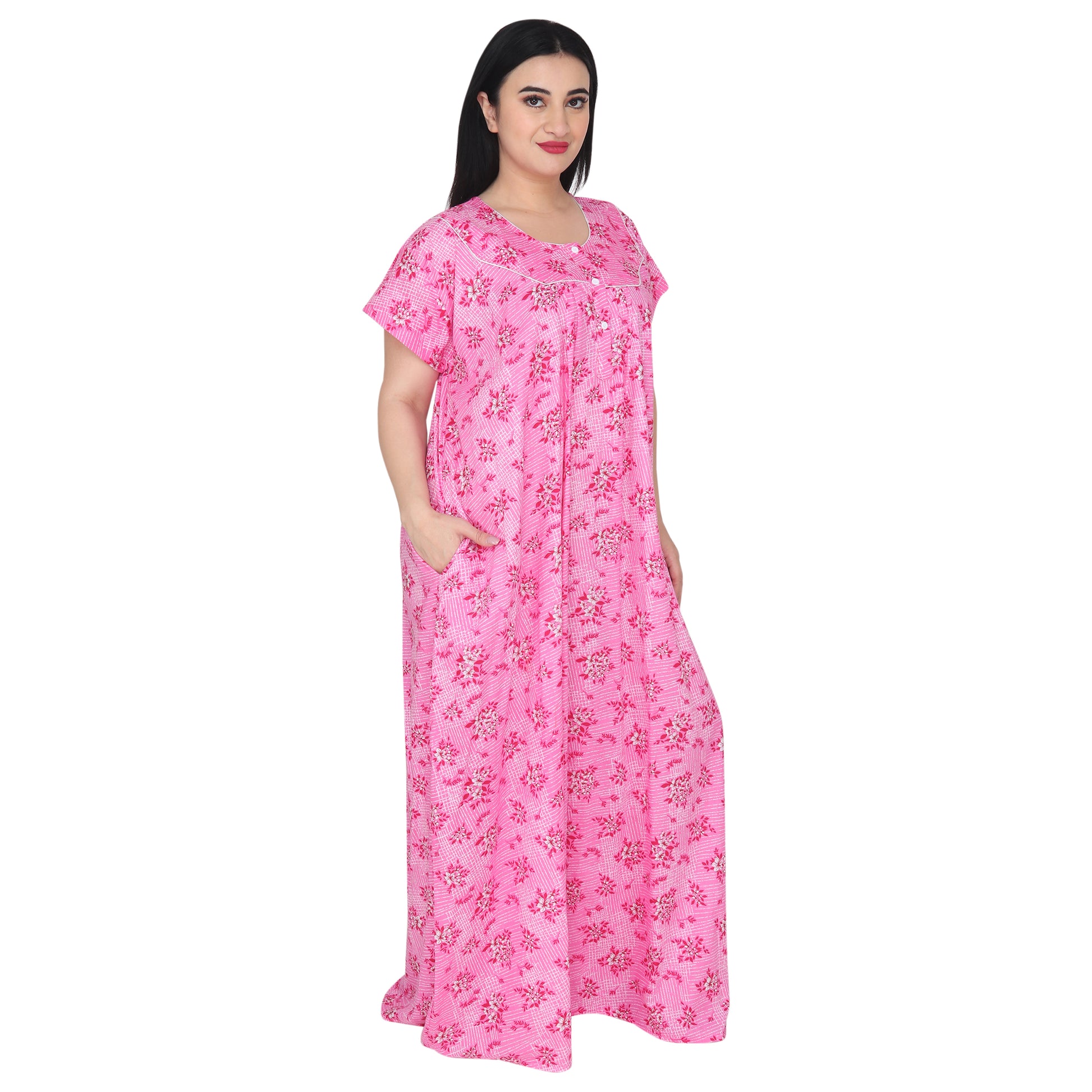 Printed Cotton Nighty For Women - Pink