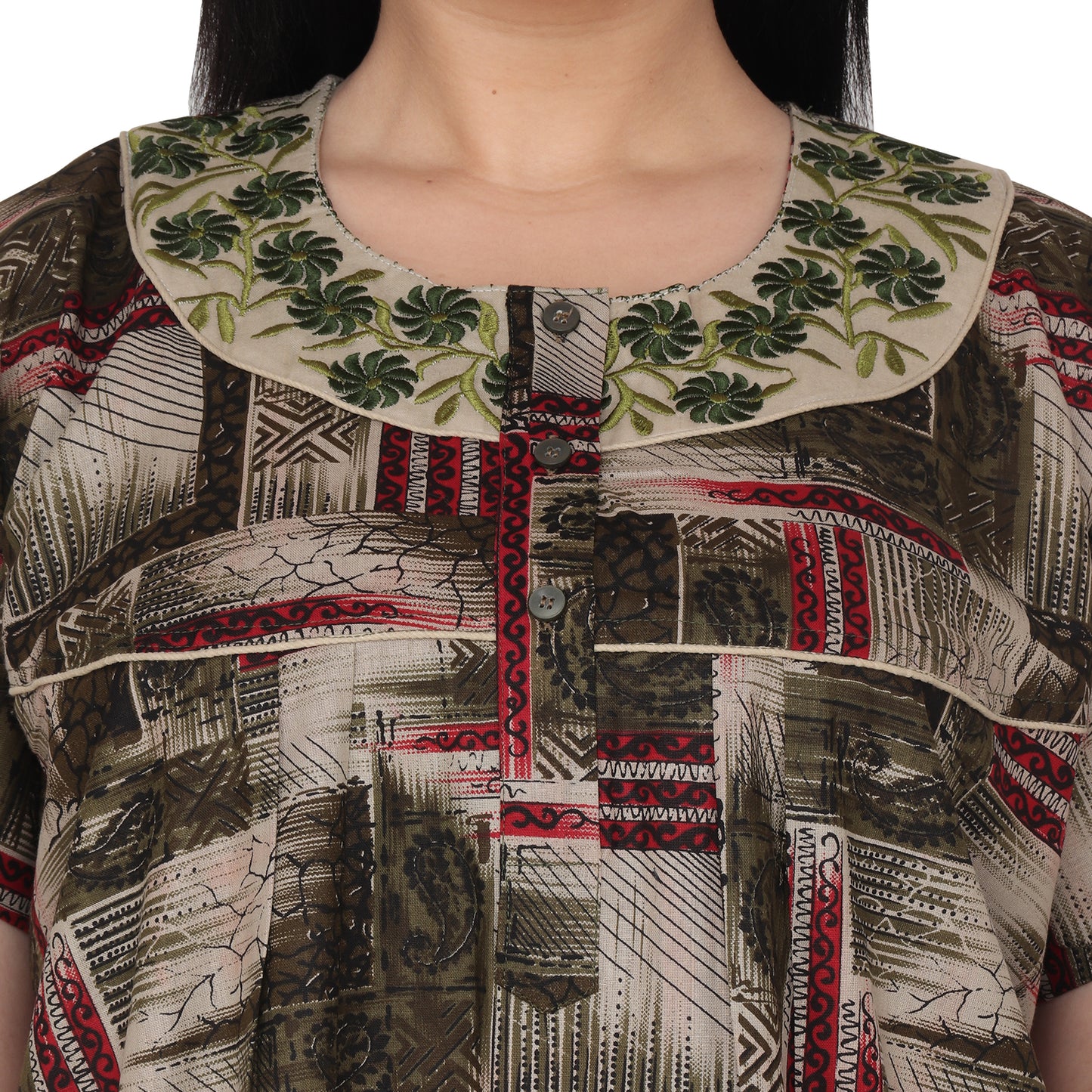 Embroidery Printed Cotton Nighty For Women - Green